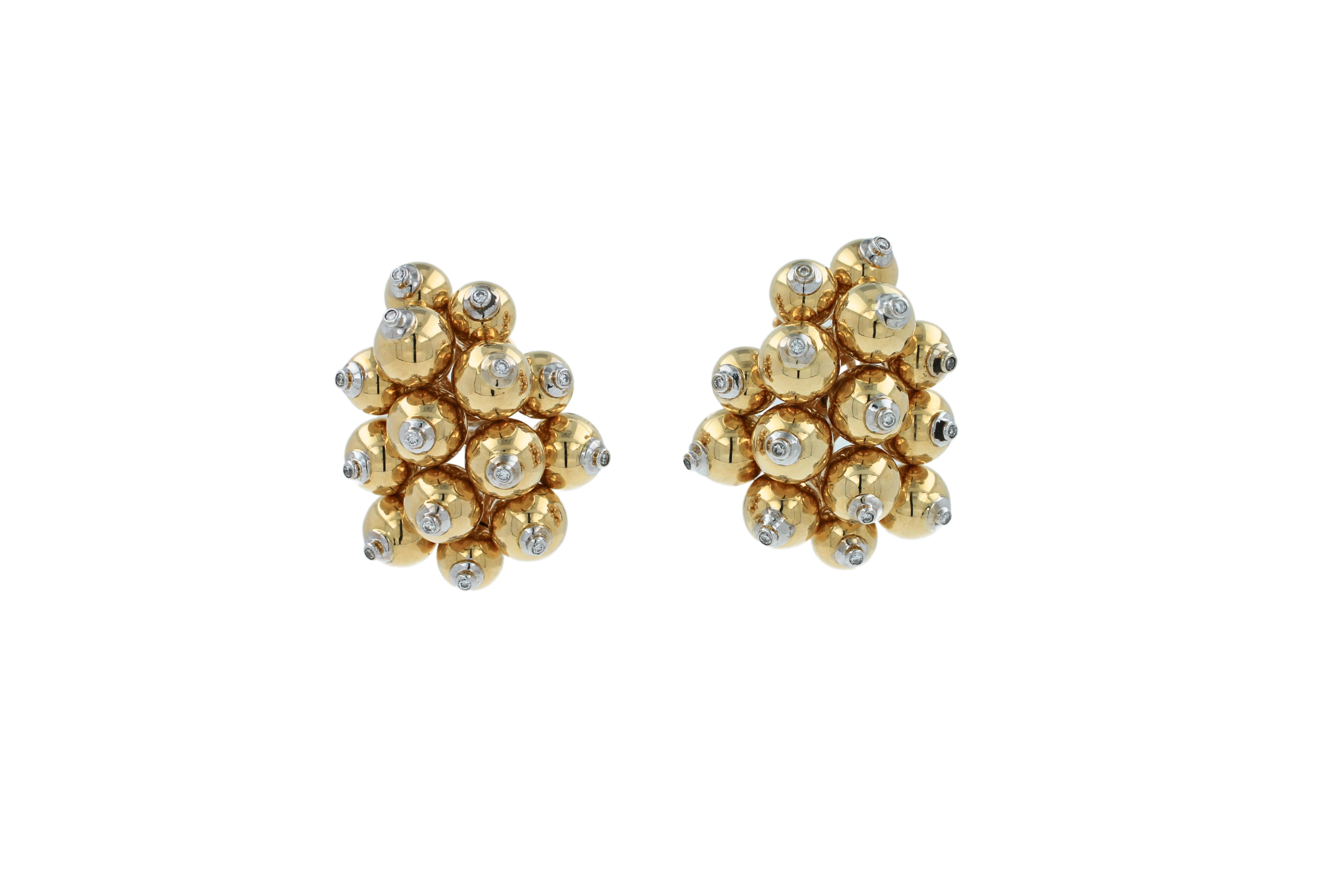 Modern Diamonds Golden Spheres Gold Balls Geometric Bells Motif 18K Gold Earrings For Sale