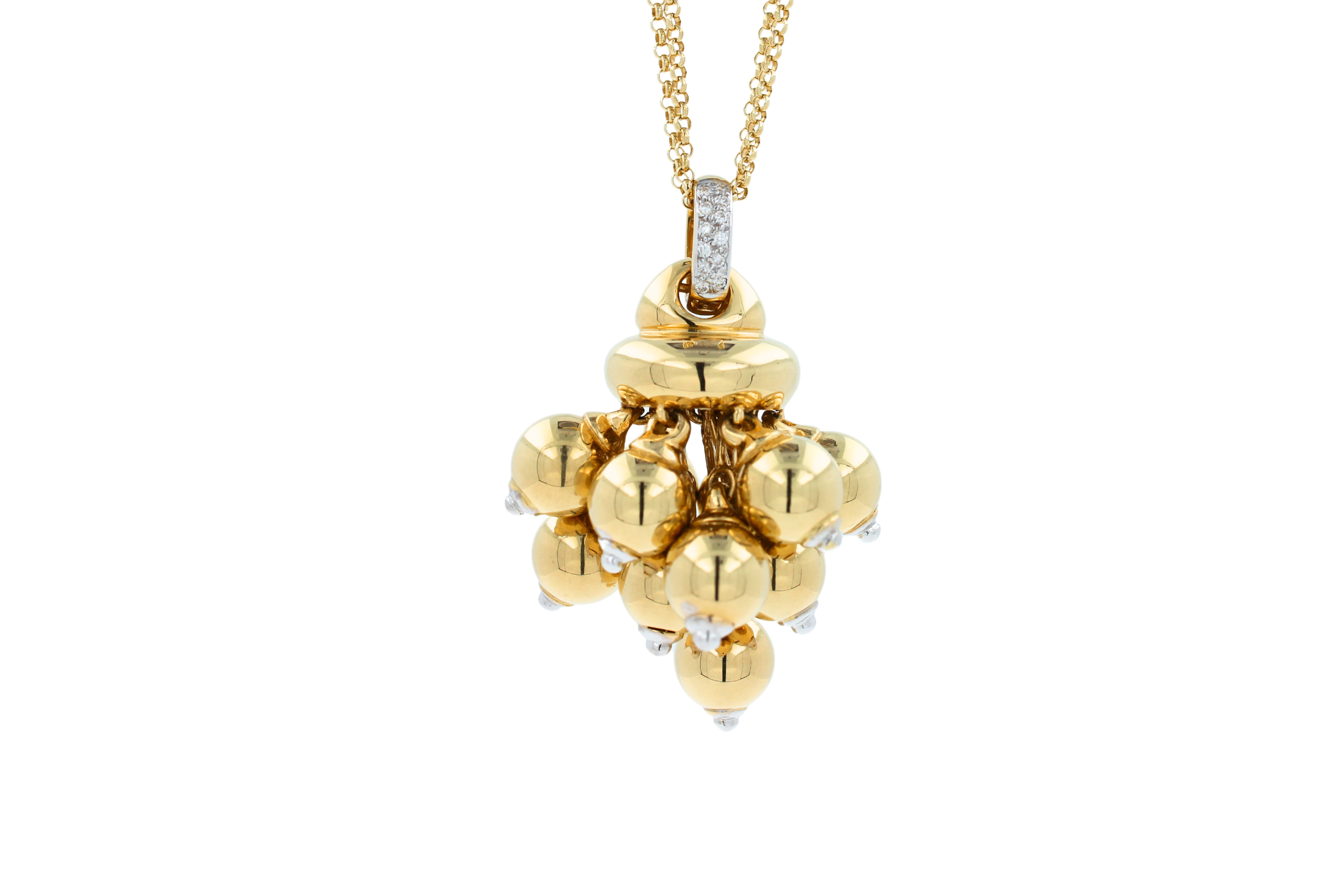Modern Diamonds Golden Spheres Gold Balls Geometric Bells Motif 18K Gold Necklace For Sale