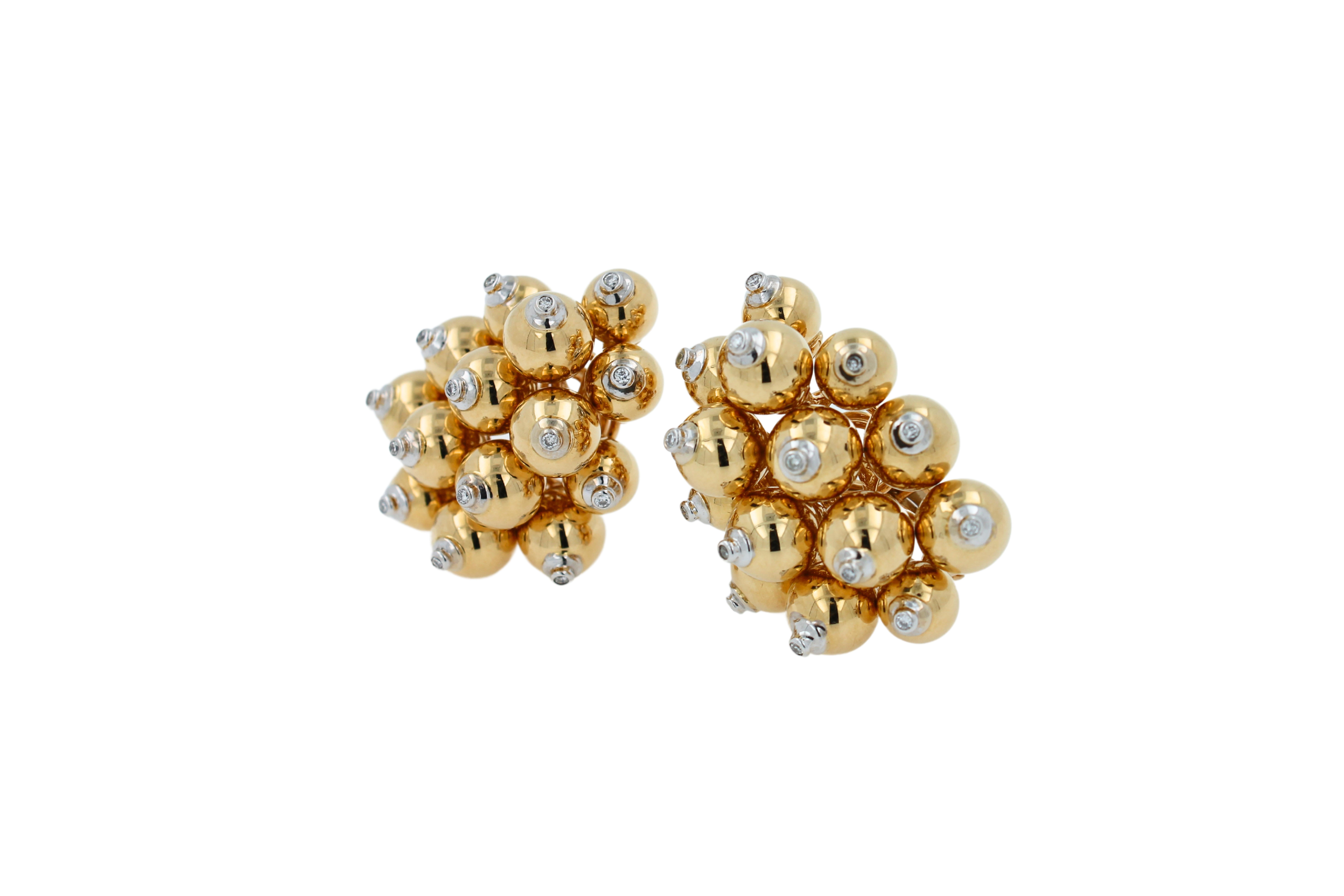 Round Cut Diamonds Golden Spheres Gold Balls Geometric Bells Motif 18K Gold Earrings For Sale
