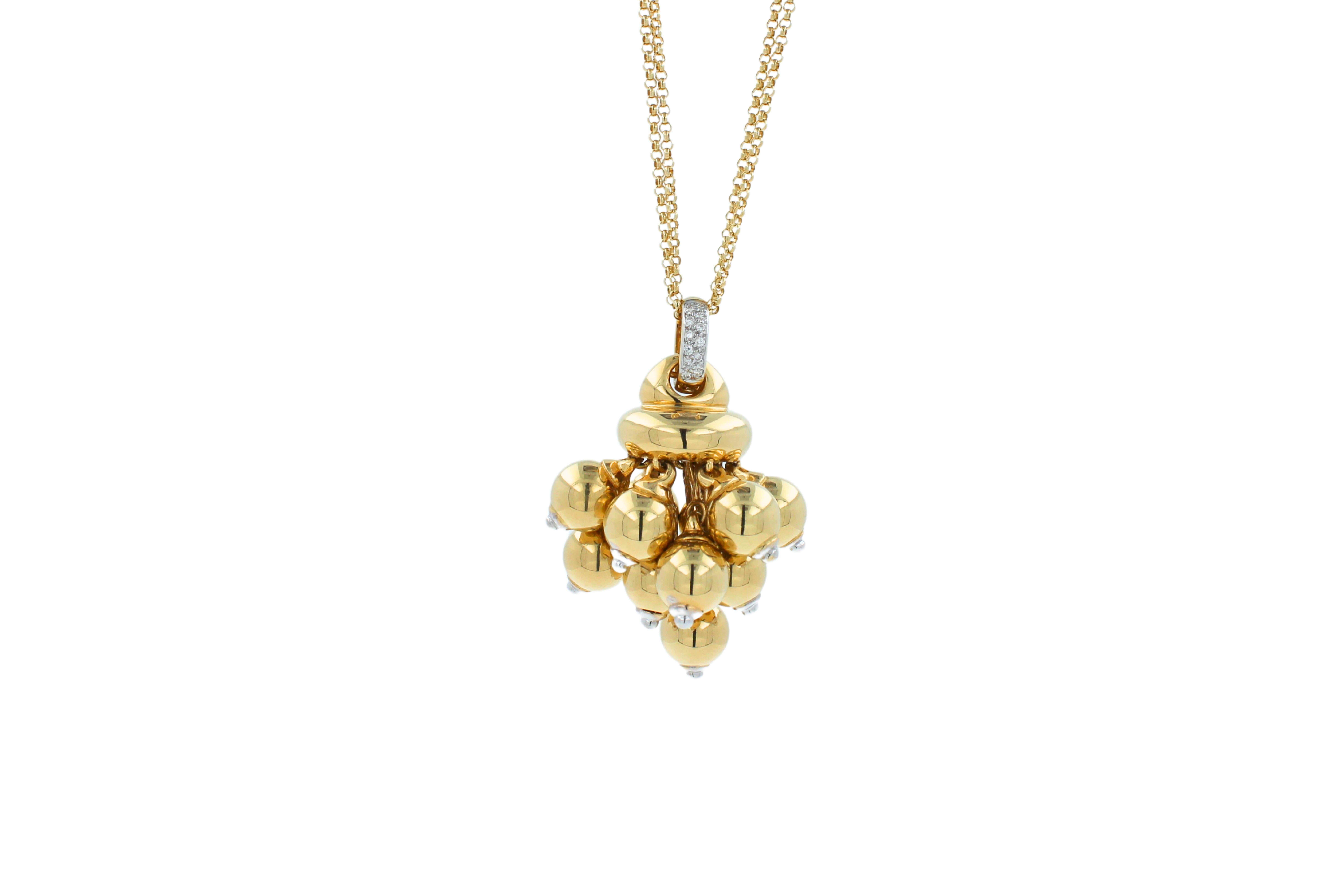 Mixed Cut Diamonds Golden Spheres Gold Balls Geometric Bells Motif 18K Gold Necklace For Sale