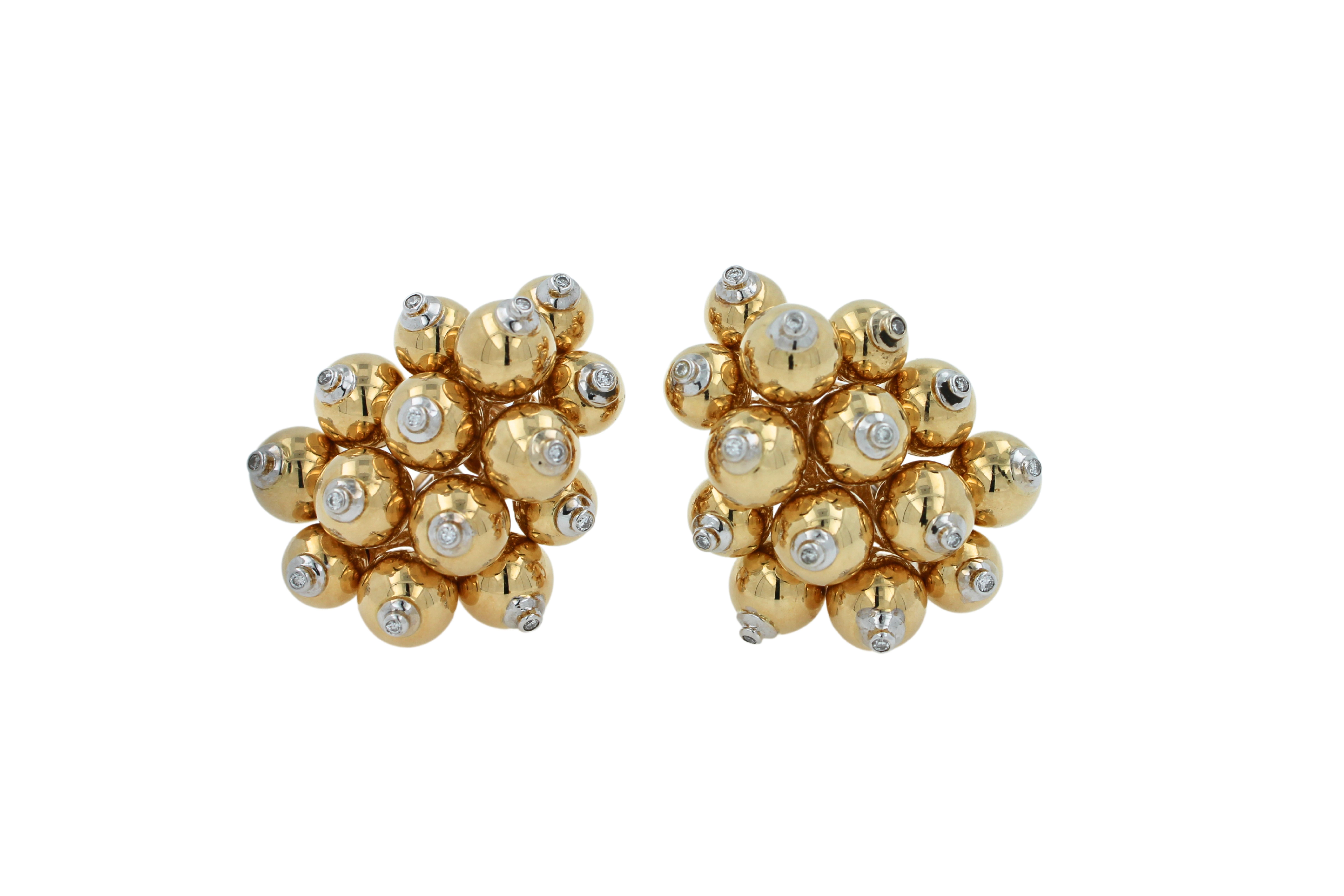 Diamonds Golden Spheres Gold Balls Geometric Bells Motif 18K Gold Earrings In New Condition For Sale In Fairfax, VA