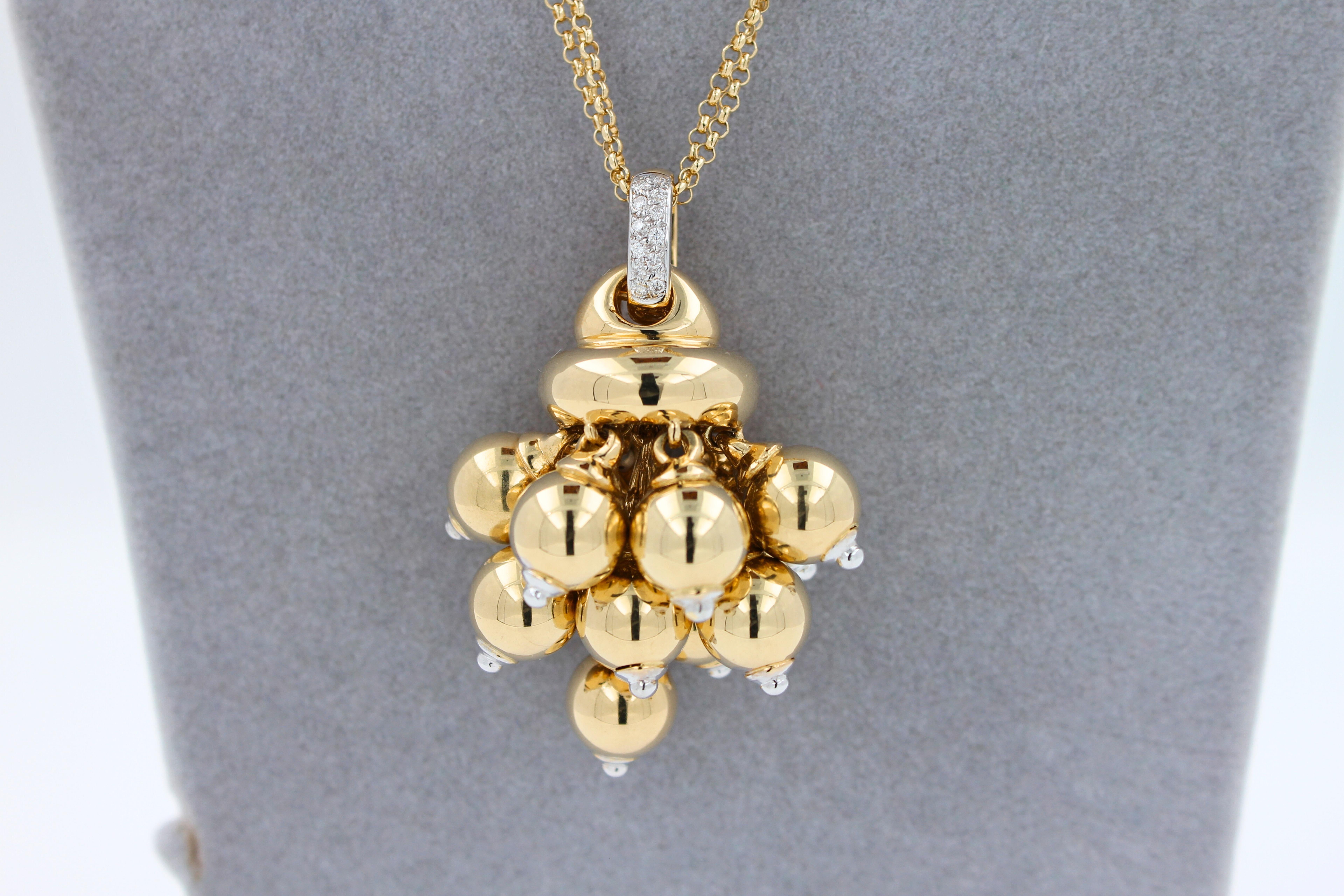 Diamonds Golden Spheres Gold Balls Geometric Bells Motif 18K Gold Necklace For Sale 1