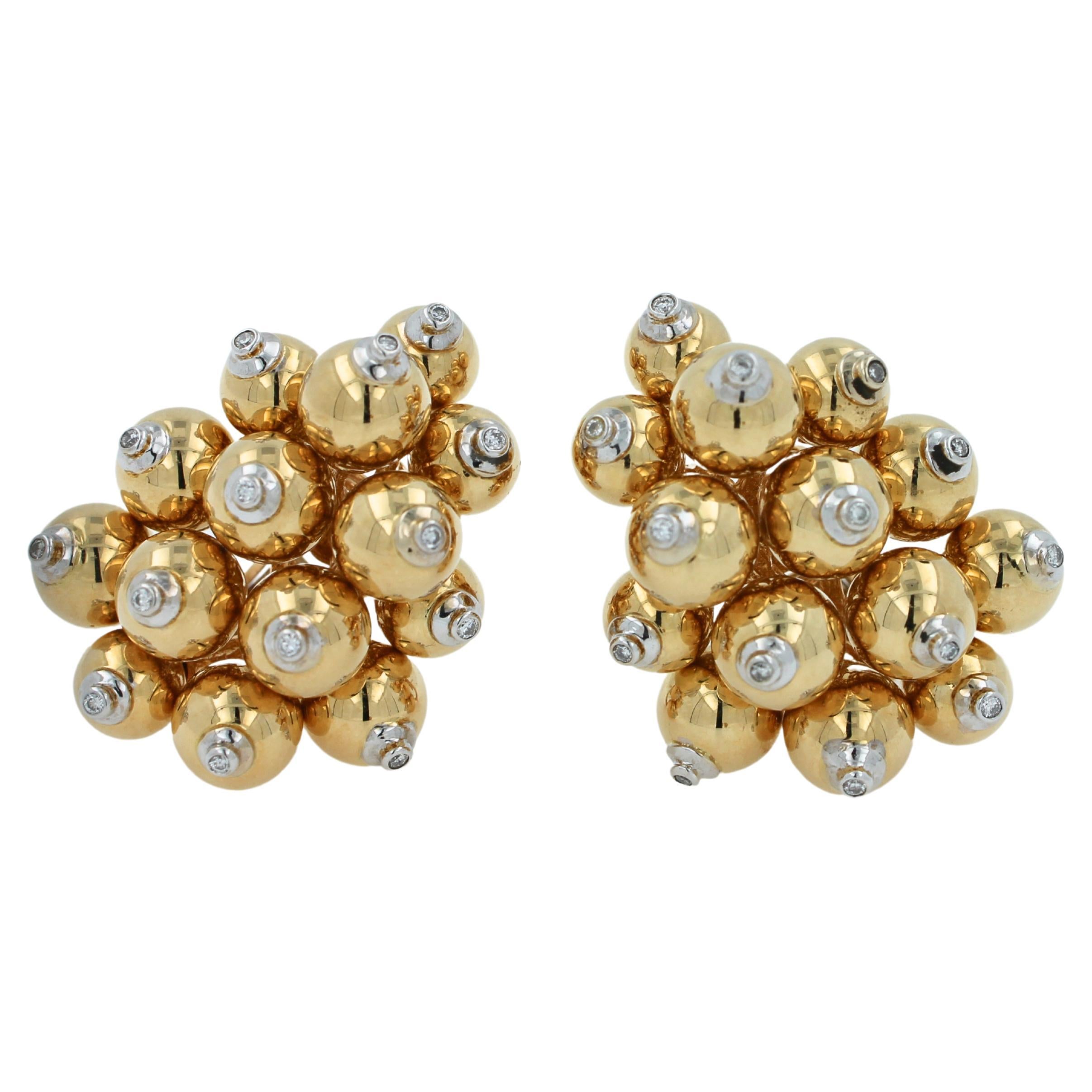 Diamonds Golden Spheres Gold Balls Geometric Bells Motif 18K Gold Earrings