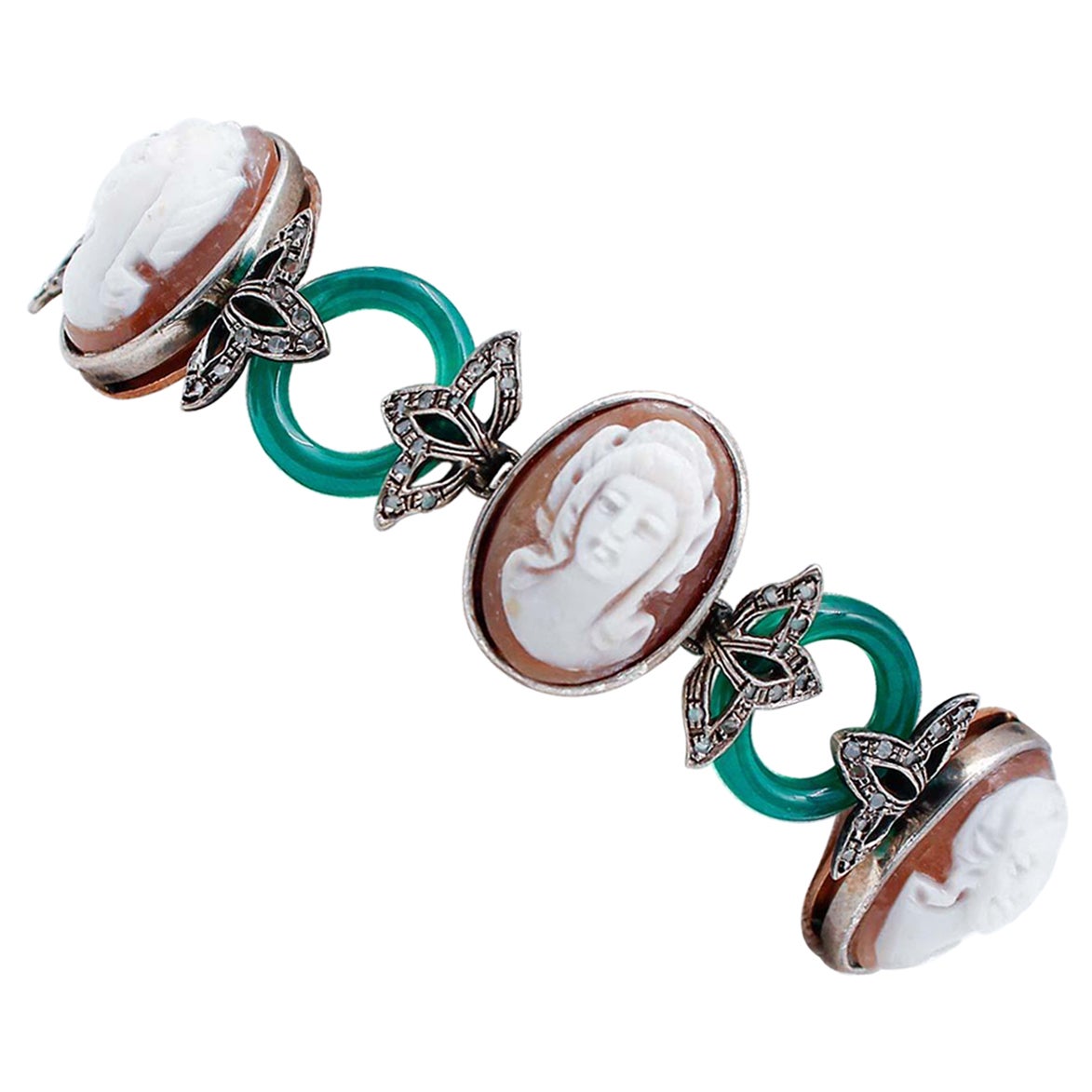 Diamantes, ágata verde, camafeo, oro rosa de 9 quilates y pulsera Retrò de plata