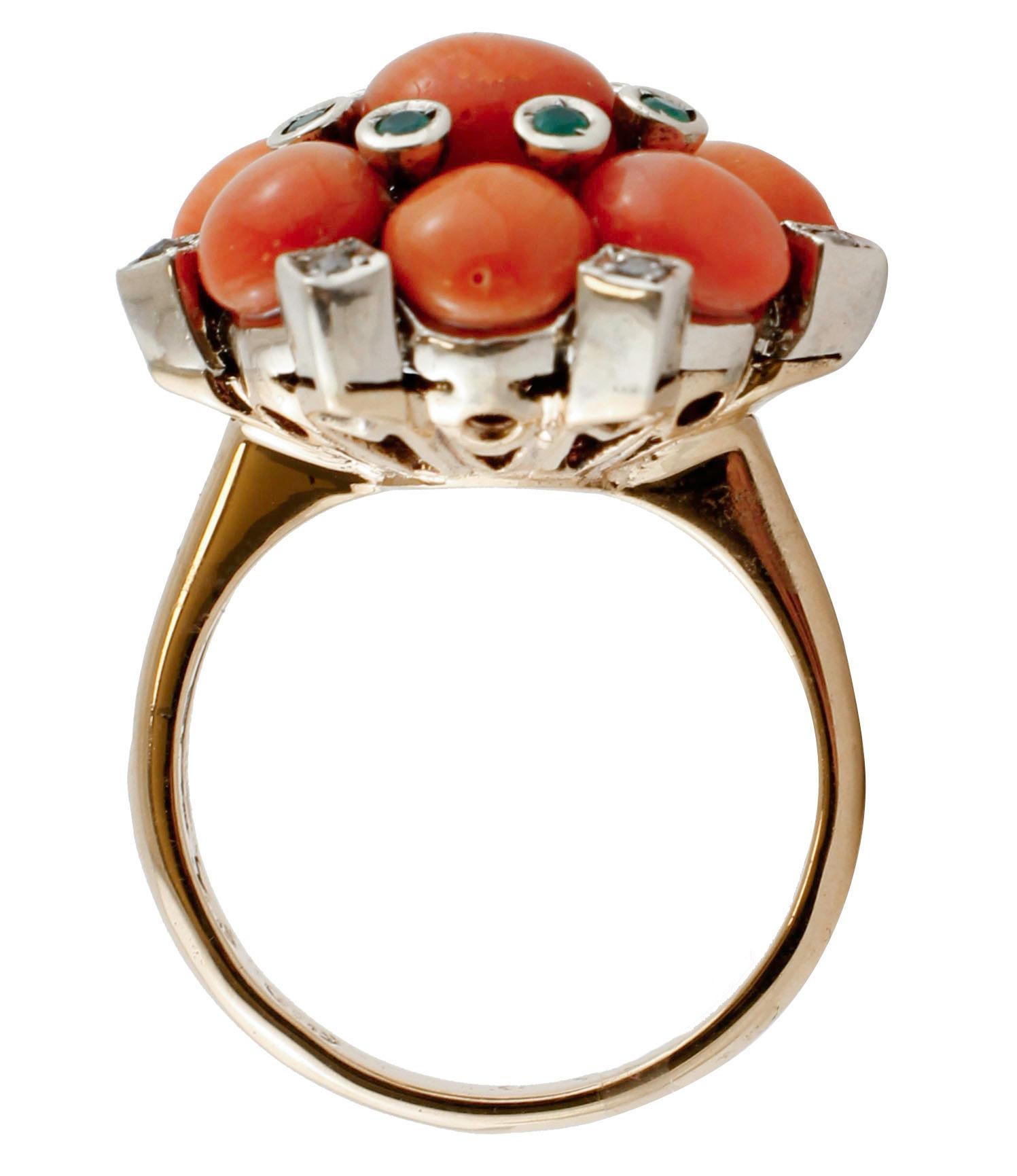 Diamonds, Green Agate, Coral, Rose Gold and Silver Flower Design Retrò Ring In Good Condition In Marcianise, Marcianise (CE)