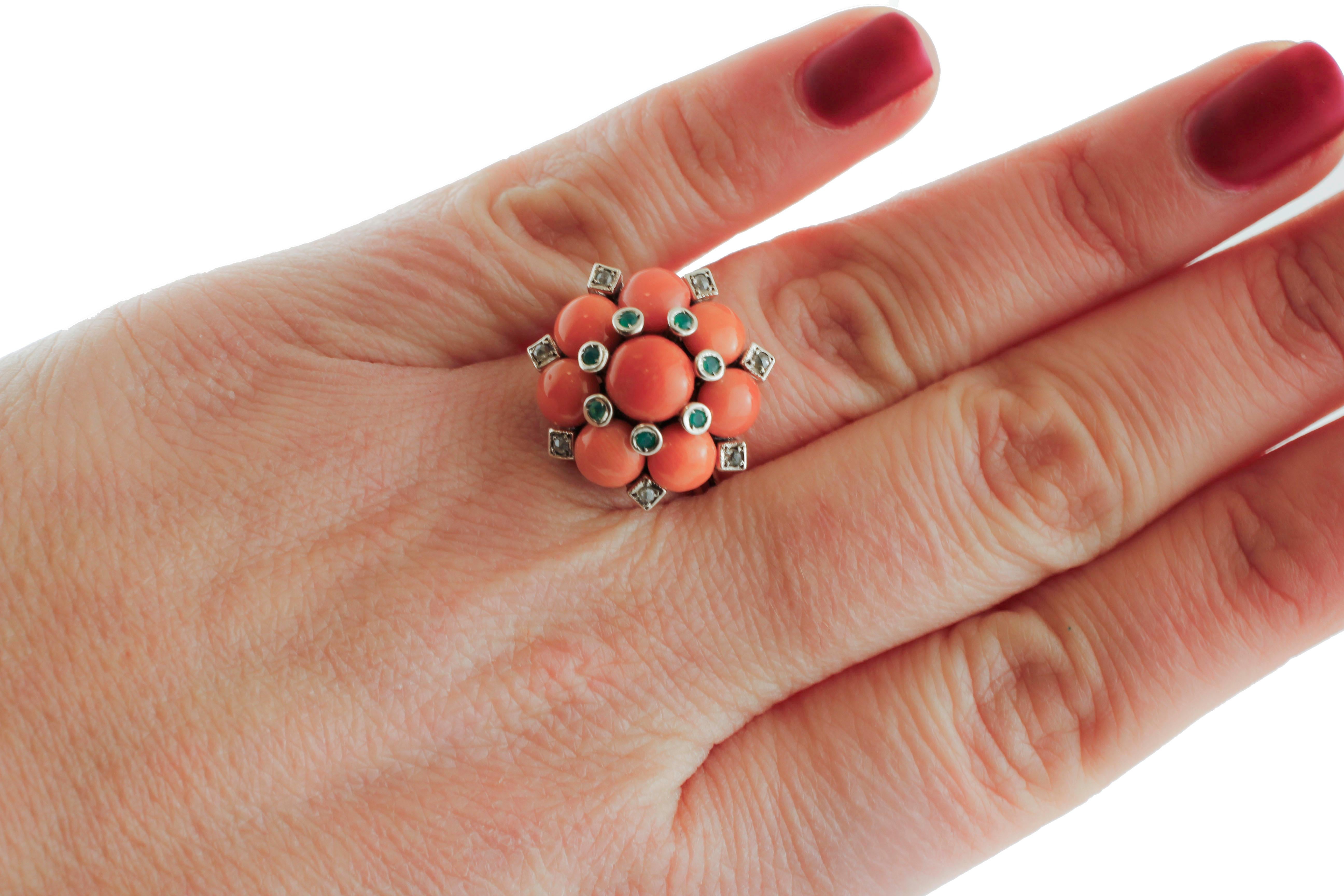 Diamonds, Green Agate, Coral, Rose Gold and Silver Flower Design Retrò Ring 1