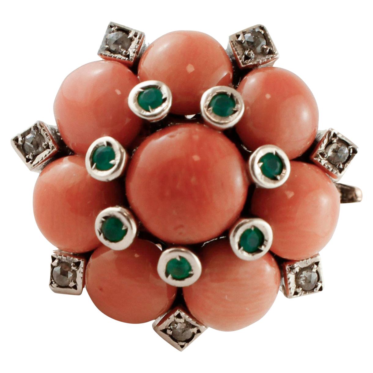 Diamonds, Green Agate, Coral, Rose Gold and Silver Flower Design Retrò Ring