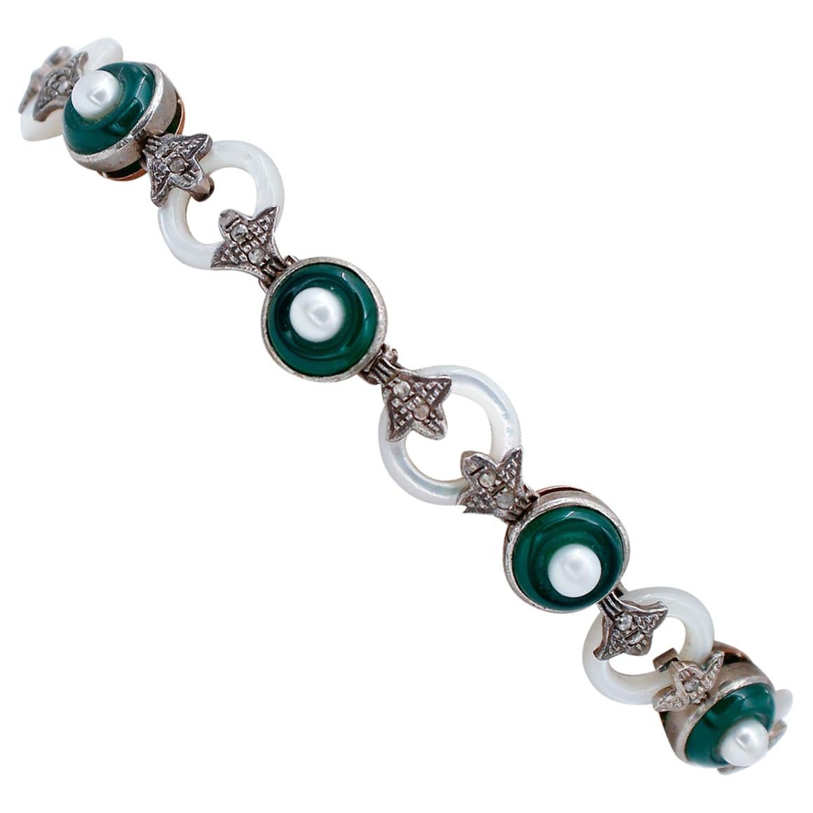Diamonds, Green Agate, Pearls, White Stones, 9kt Rose Gold and Silver Bracelet