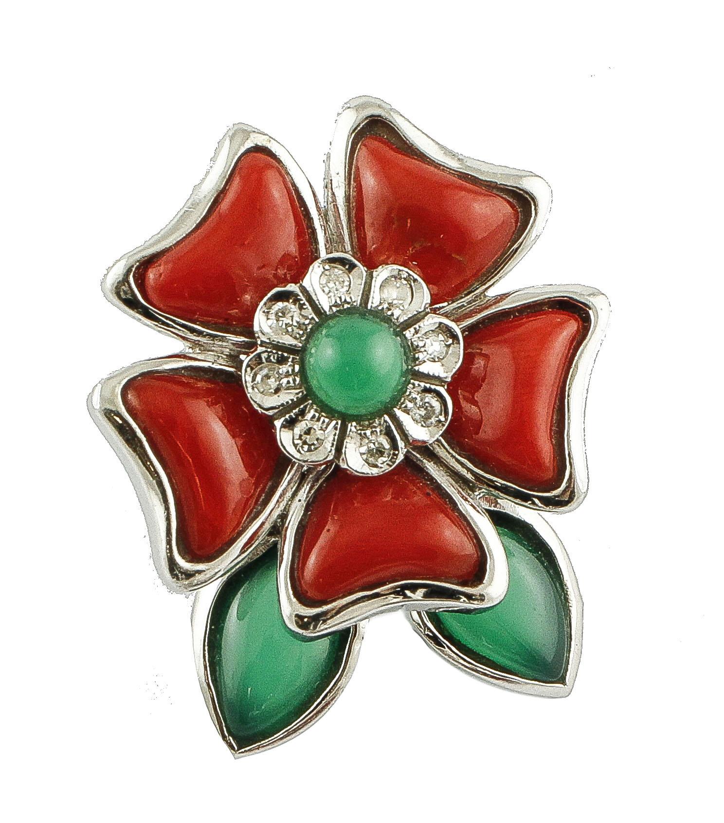 Retro Diamonds, Green Agate and Red Coral Flowers, 14 Karat White Gold Earrings For Sale