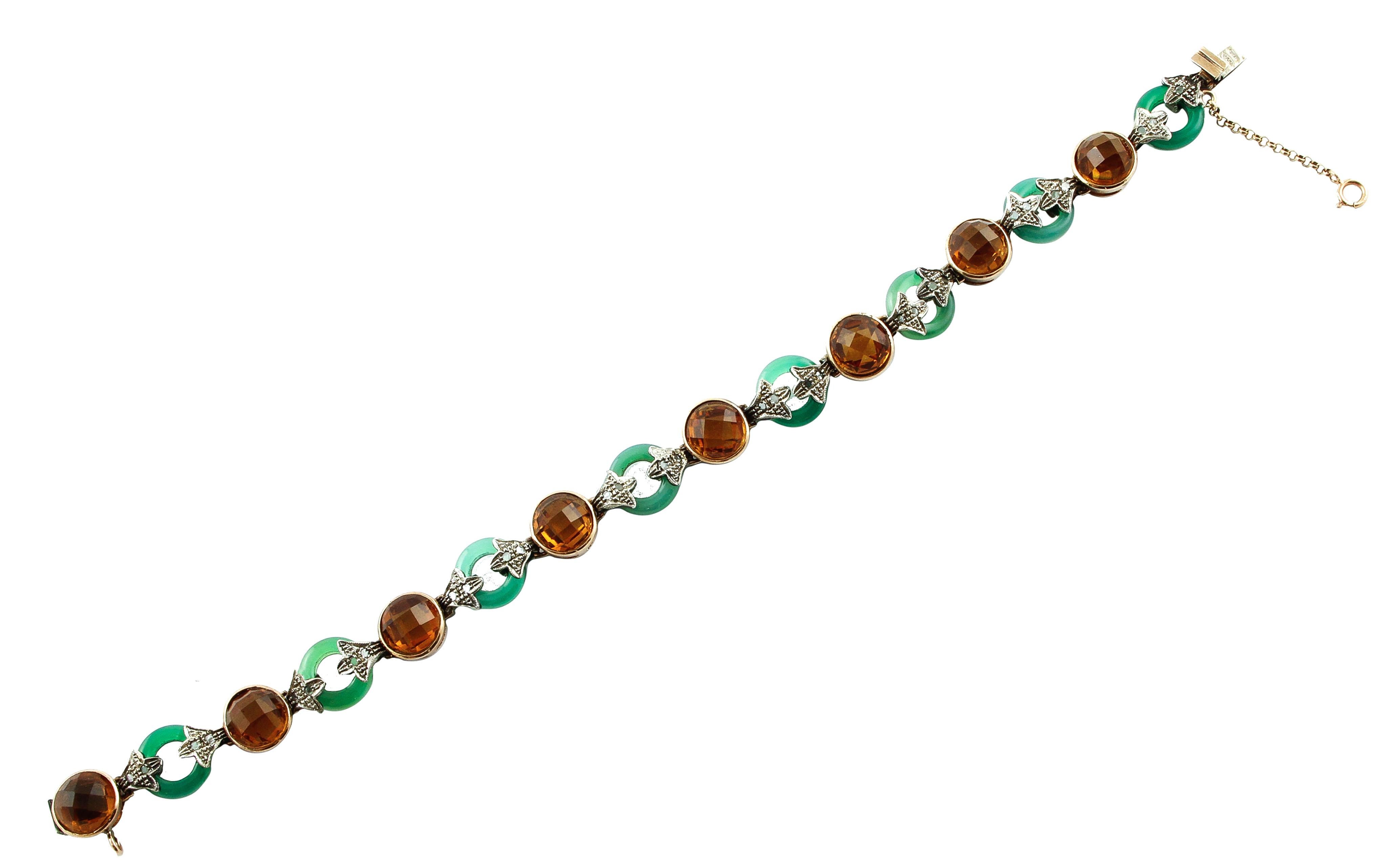 Gliederarmband aus Roségold und Silber mit Diamanten, grünen Achatringen und gelben Steinen (Retro) im Angebot