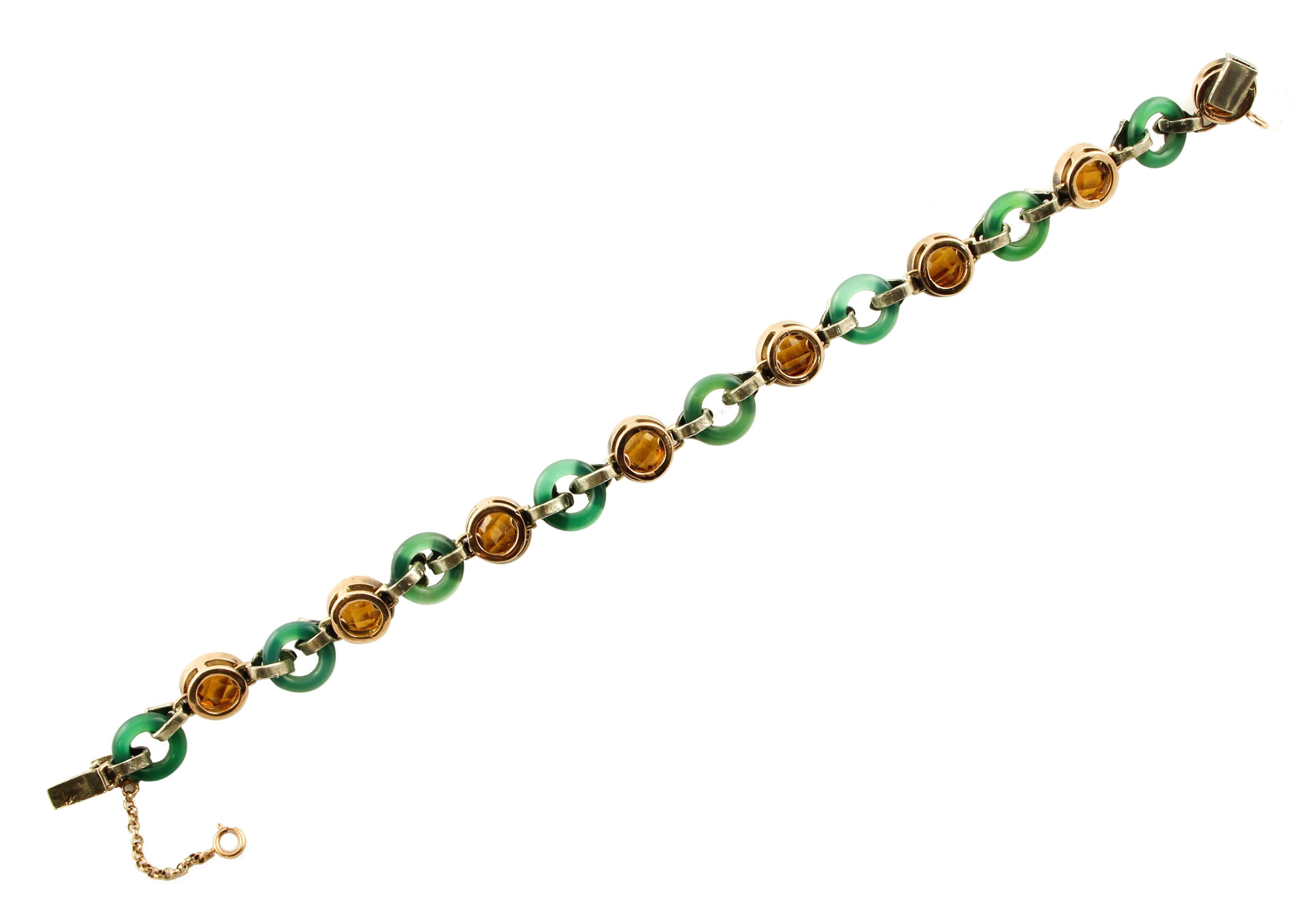 Mixed Cut Diamonds Green Agate Rings Yellow Stones Rose Gold and Silver Link Bracelet For Sale