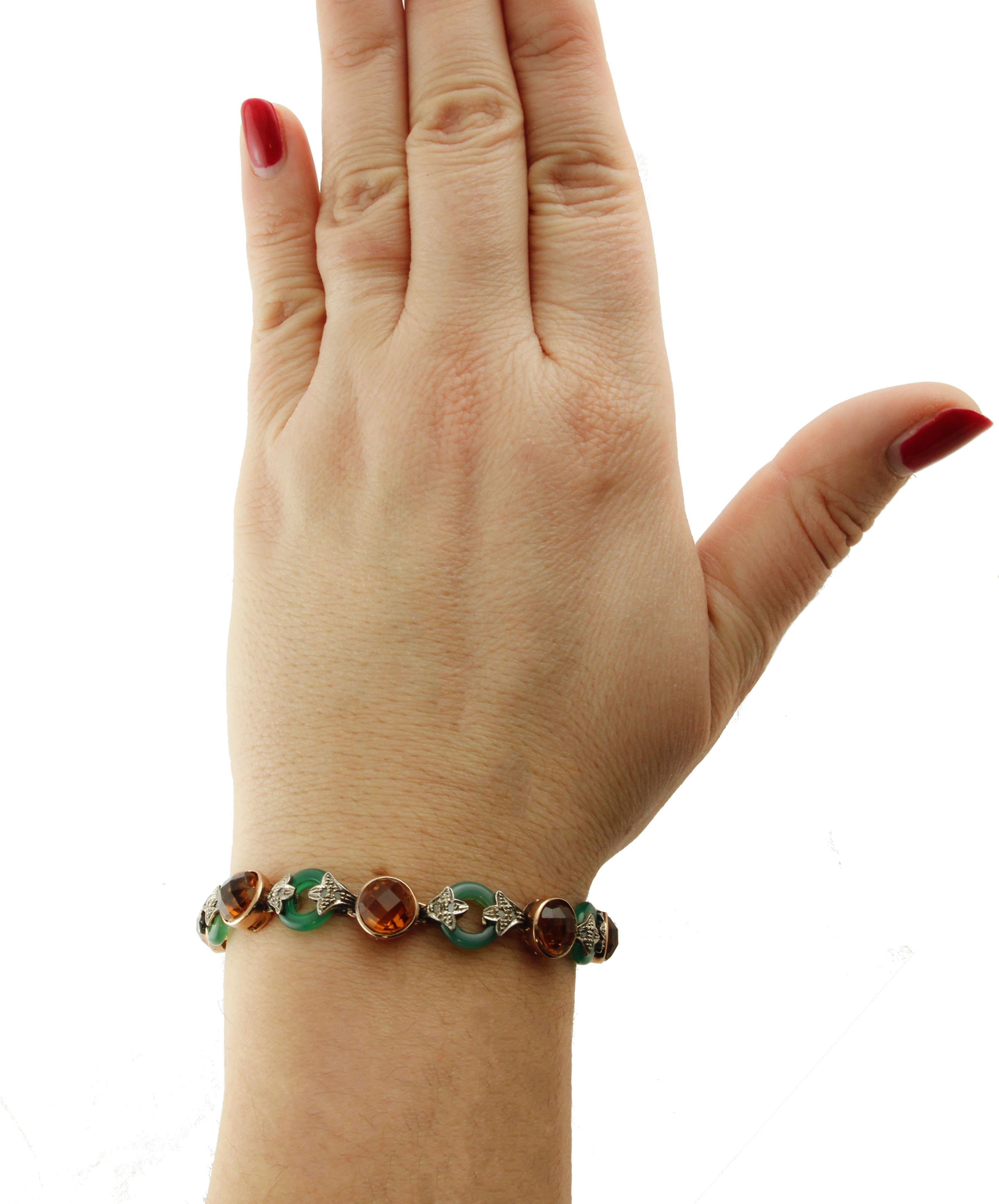 Women's Diamonds Green Agate Rings Yellow Stones Rose Gold and Silver Link Bracelet For Sale