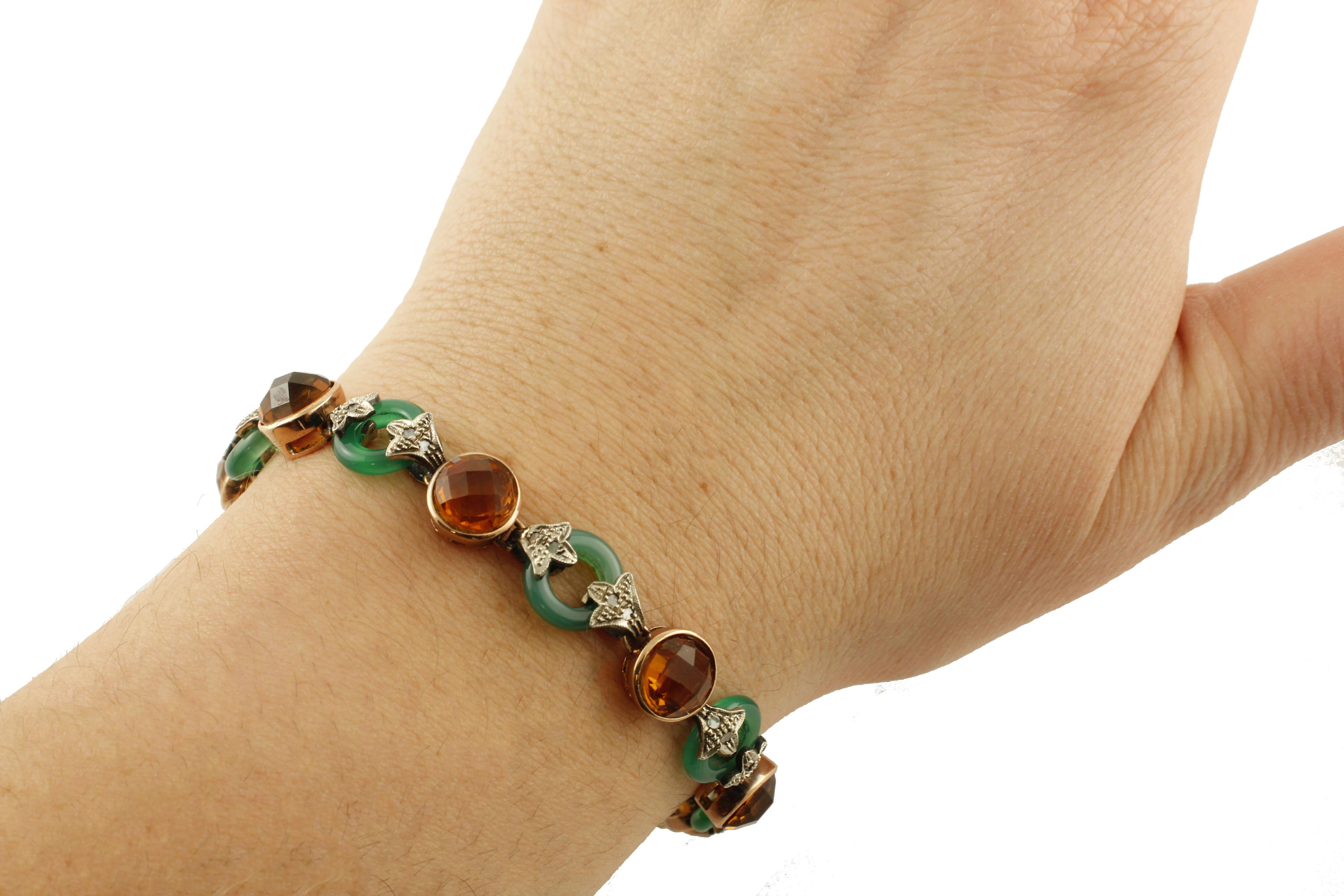 Diamonds Green Agate Rings Yellow Stones Rose Gold and Silver Link Bracelet For Sale 1