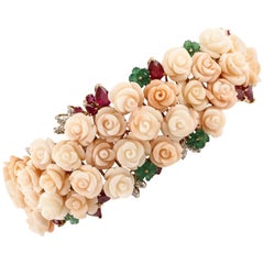 Diamonds, Green Agate, Rubies, Pink Coral Roses, Rose and White Gold Bracelet