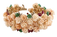Diamonds, Green Agate, Rubies, Pink Coral Roses, Rose and White Gold Bracelet