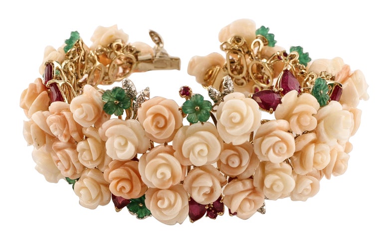 Diamonds, Green Agate, Rubies,Pink Coral Roses,Rose and White Gold