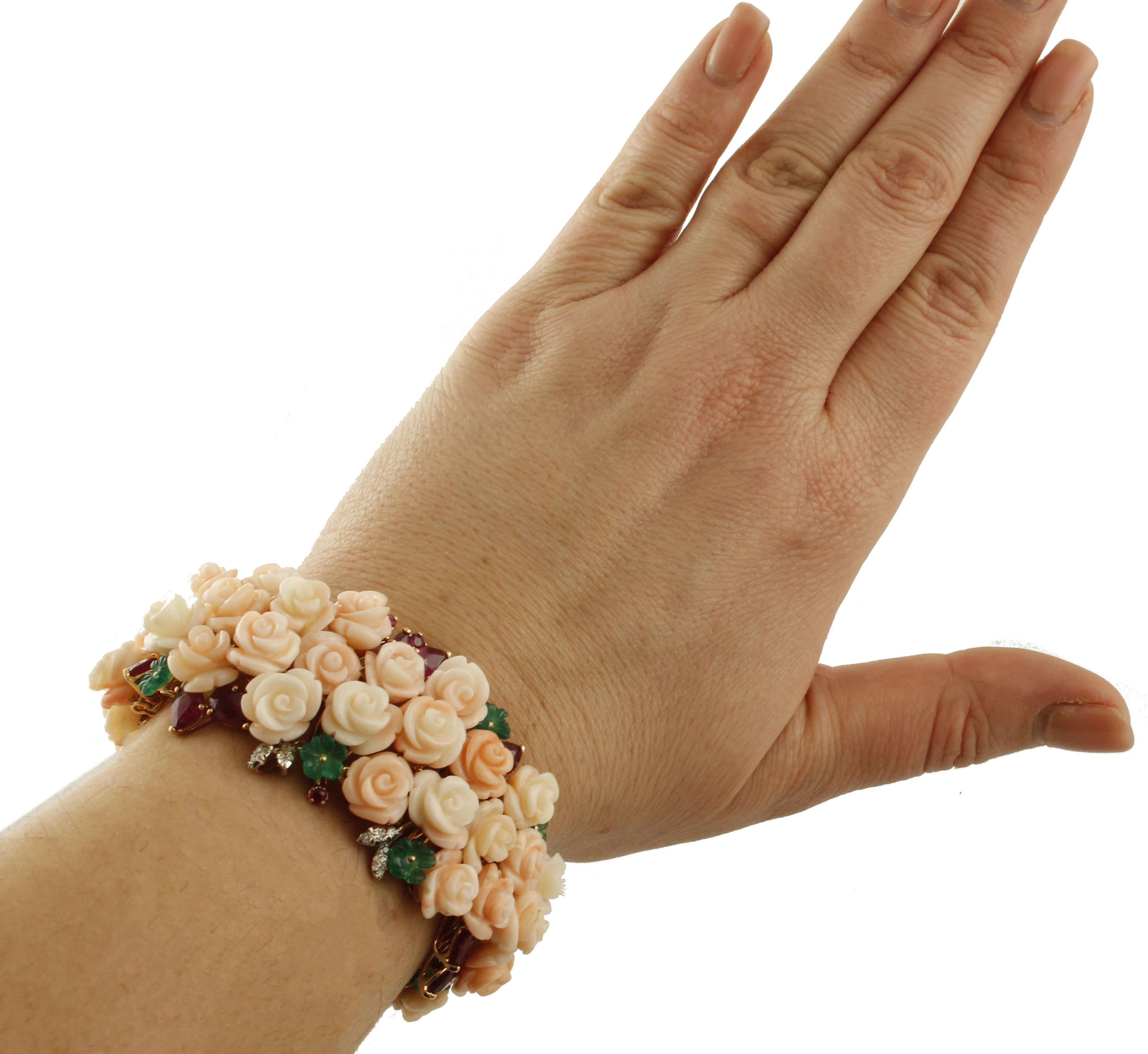 Brilliant Cut Diamonds, Green Agate, Rubies, Pink Coral Roses, Rose and White Gold Bracelet