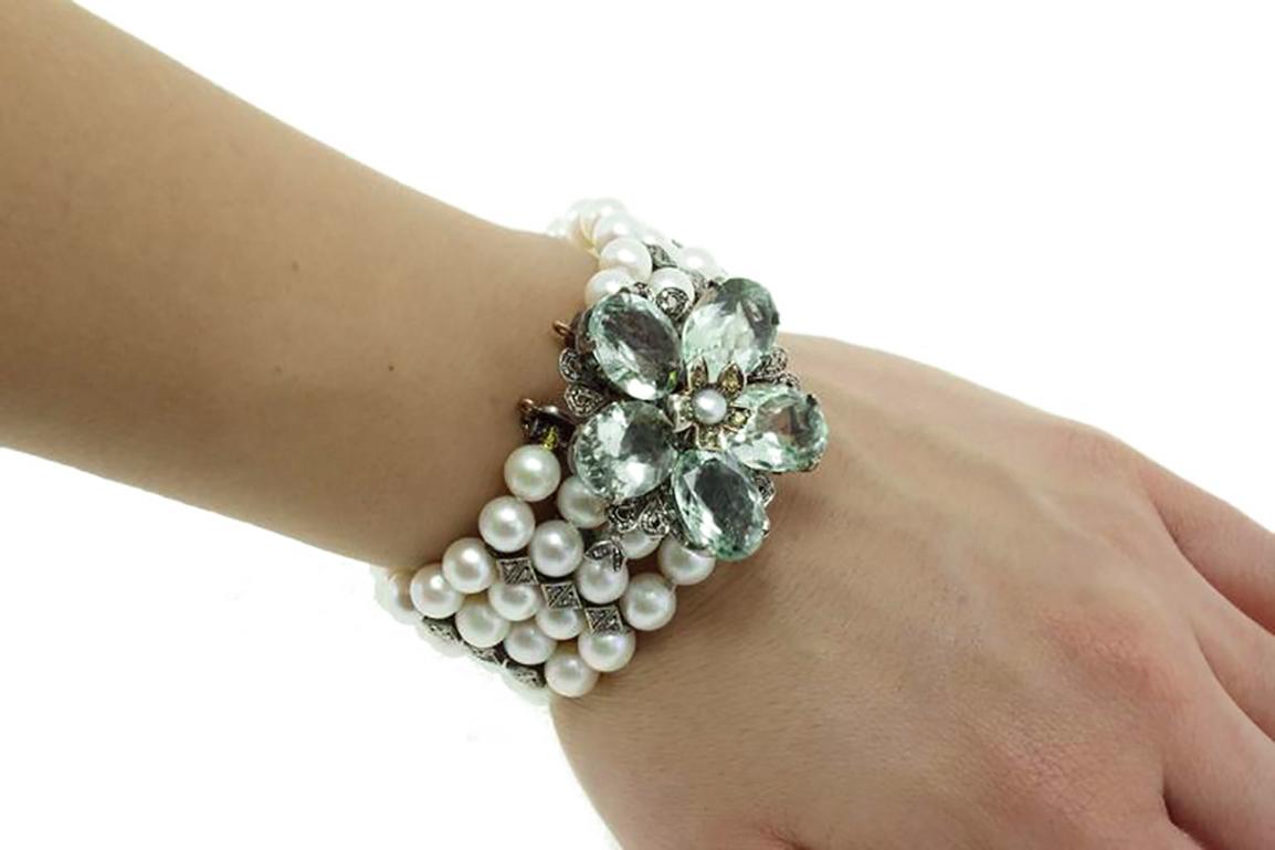 Diamonds, Green Amethyst Pearls Gold and Silver Bracelet 1
