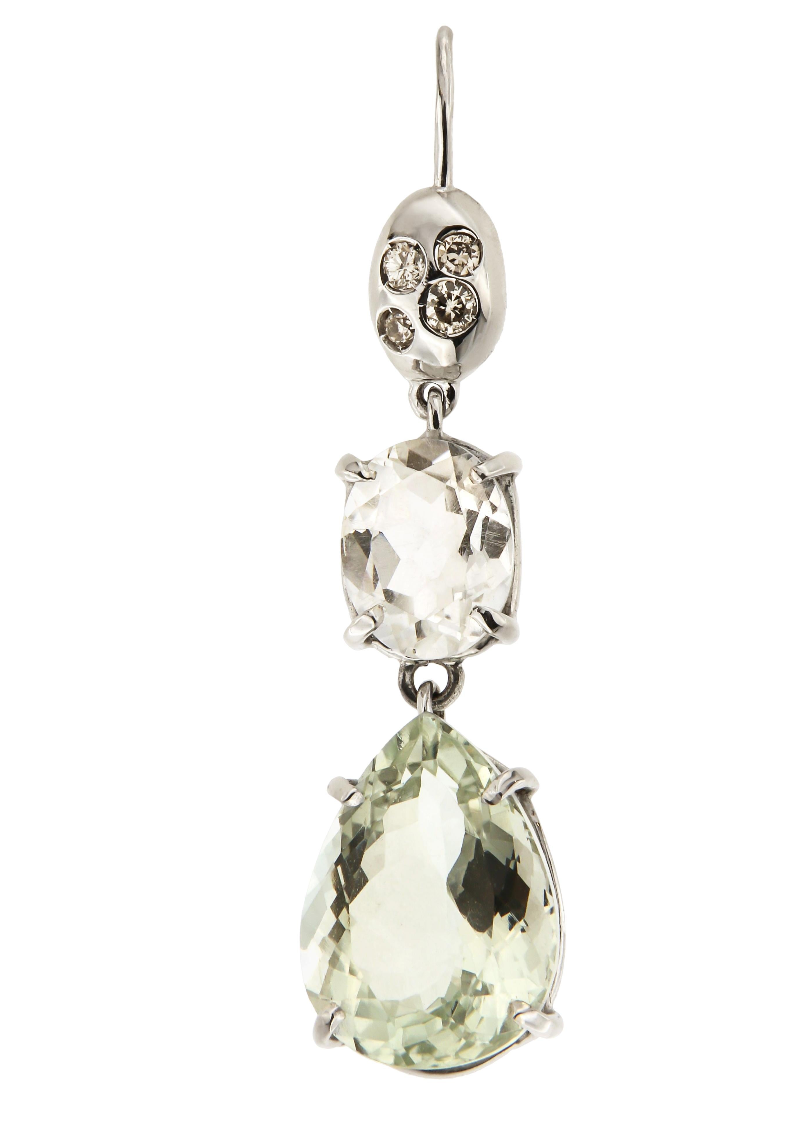 Diamonds Green Amethyst Rock Crystal White Gold Earrings Handcrafted in Italy In New Condition In Milano, IT