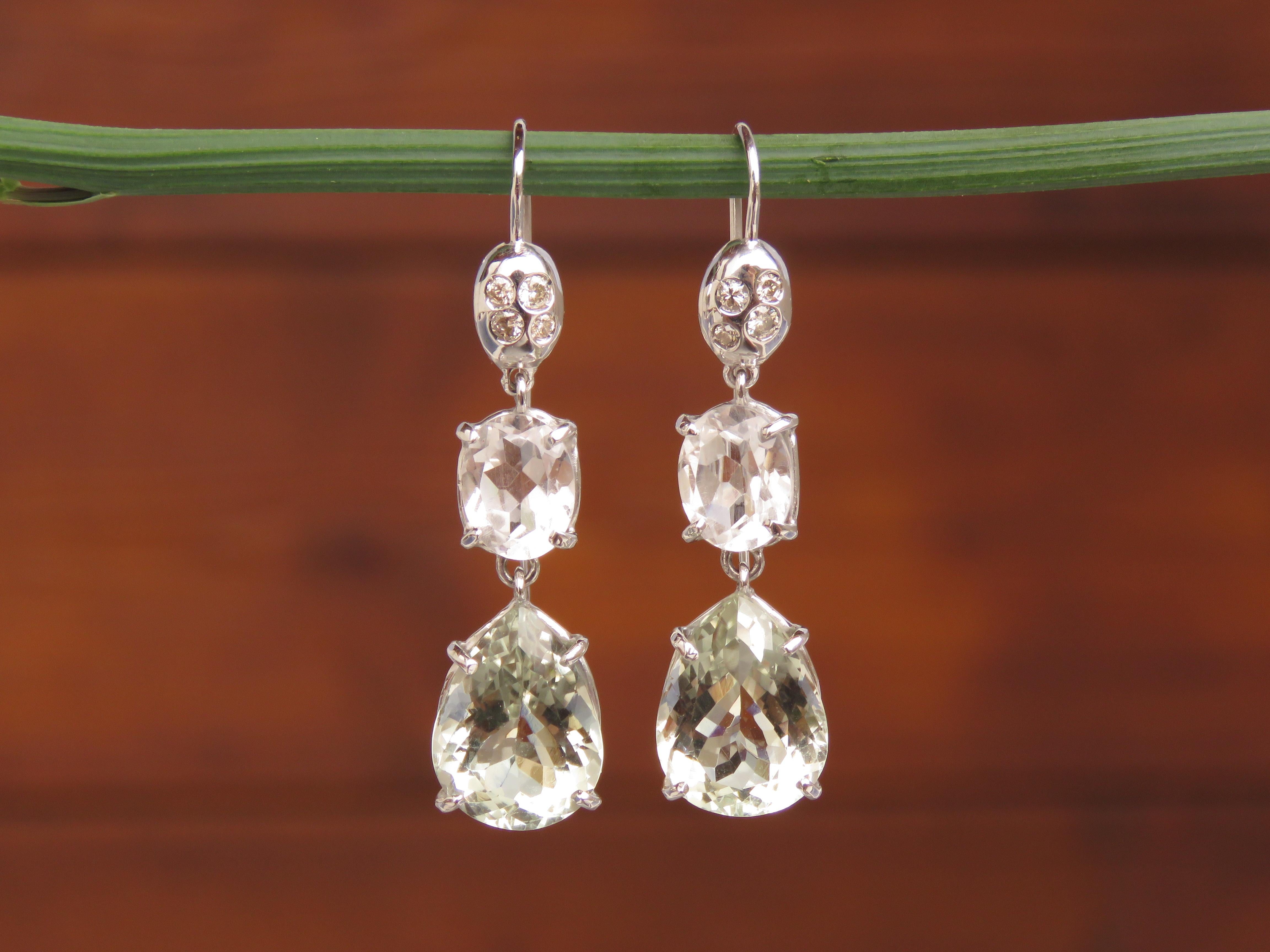 Contemporary Diamonds Green Amethyst Rock Crystal White Gold Earrings Handcrafted in Italy