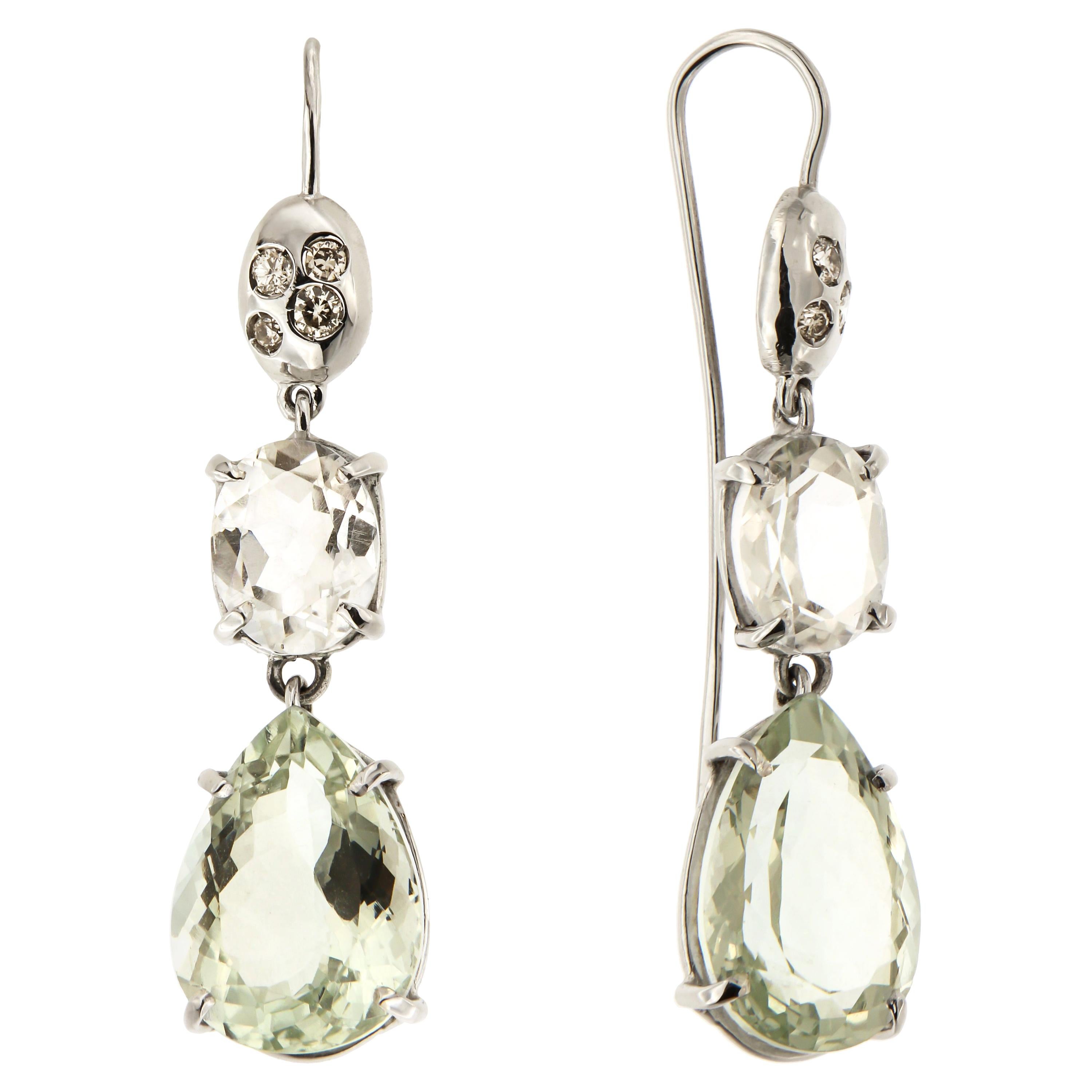 Diamonds Green Amethyst Rock Crystal White Gold Earrings Handcrafted in Italy