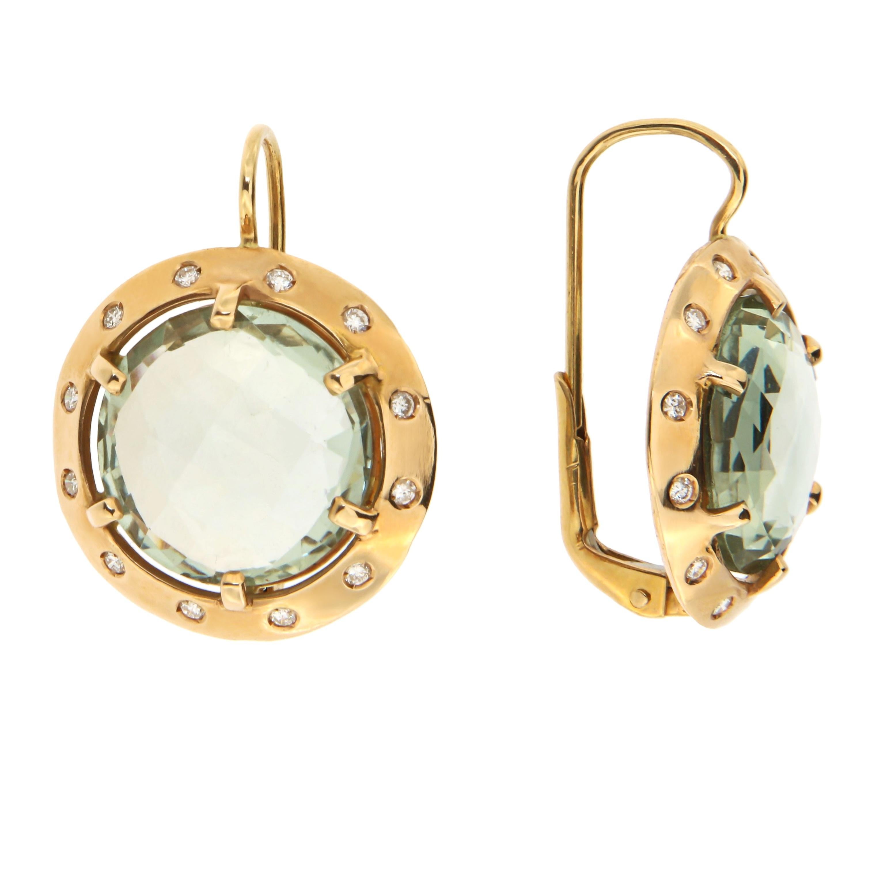 Modern Diamonds Green Amethyst Rose Gold Dangle Earrings Handcrafted in Italy