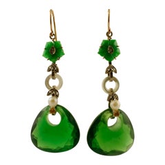 Diamonds, Green Hard Stone, Yellow Topaz 9 Karat Gold and Silver Dangle Earrings