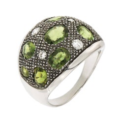 Diamonds Green Sapphires 18 Karat White Gold Cocktail Ring Handcrafted in Italy