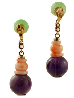 Diamonds, Green Sapphires, Amethysts, Green Agate, Coral, Rose Gold Earrings