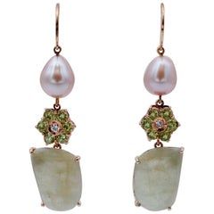 Diamonds, Green Sapphires, Peridots, Pearl, 14 Karat Rose Gold Dangle Earrings