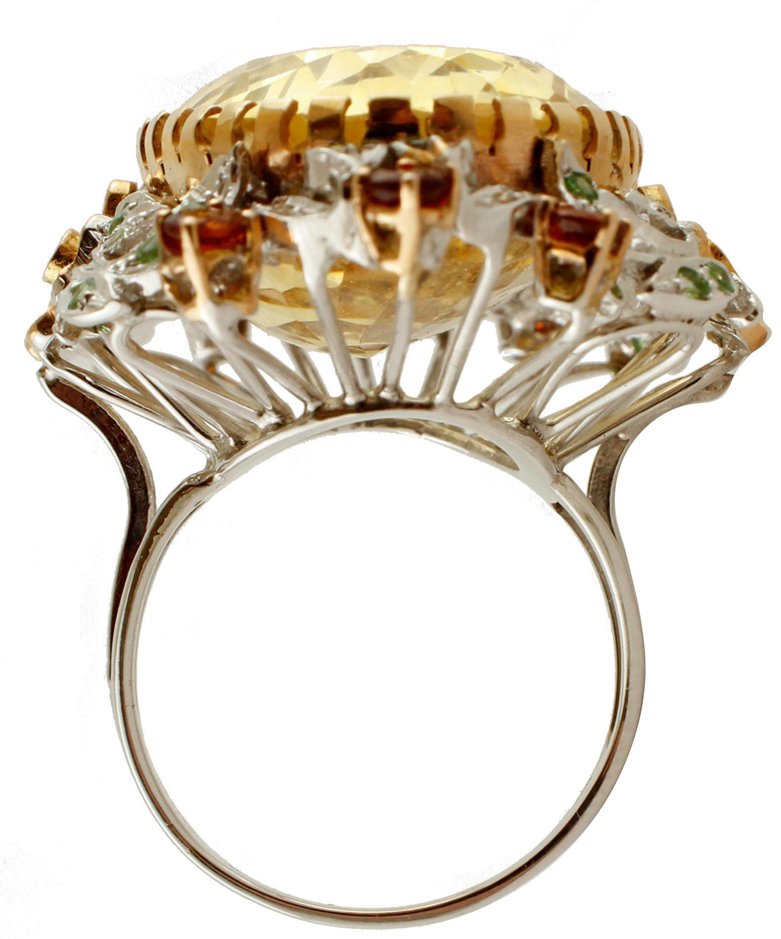 Retro Diamonds, Green Tsavorites, Topazes, Citrine, Rose and White Gold Cluster Ring For Sale
