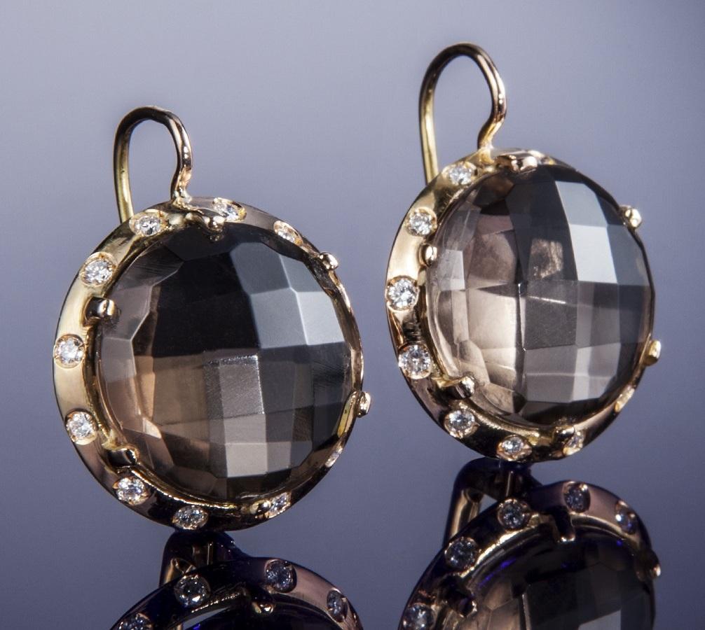 Modern Grey Topaz Diamonds Rose Gold Earrings Handcrafted in Italy