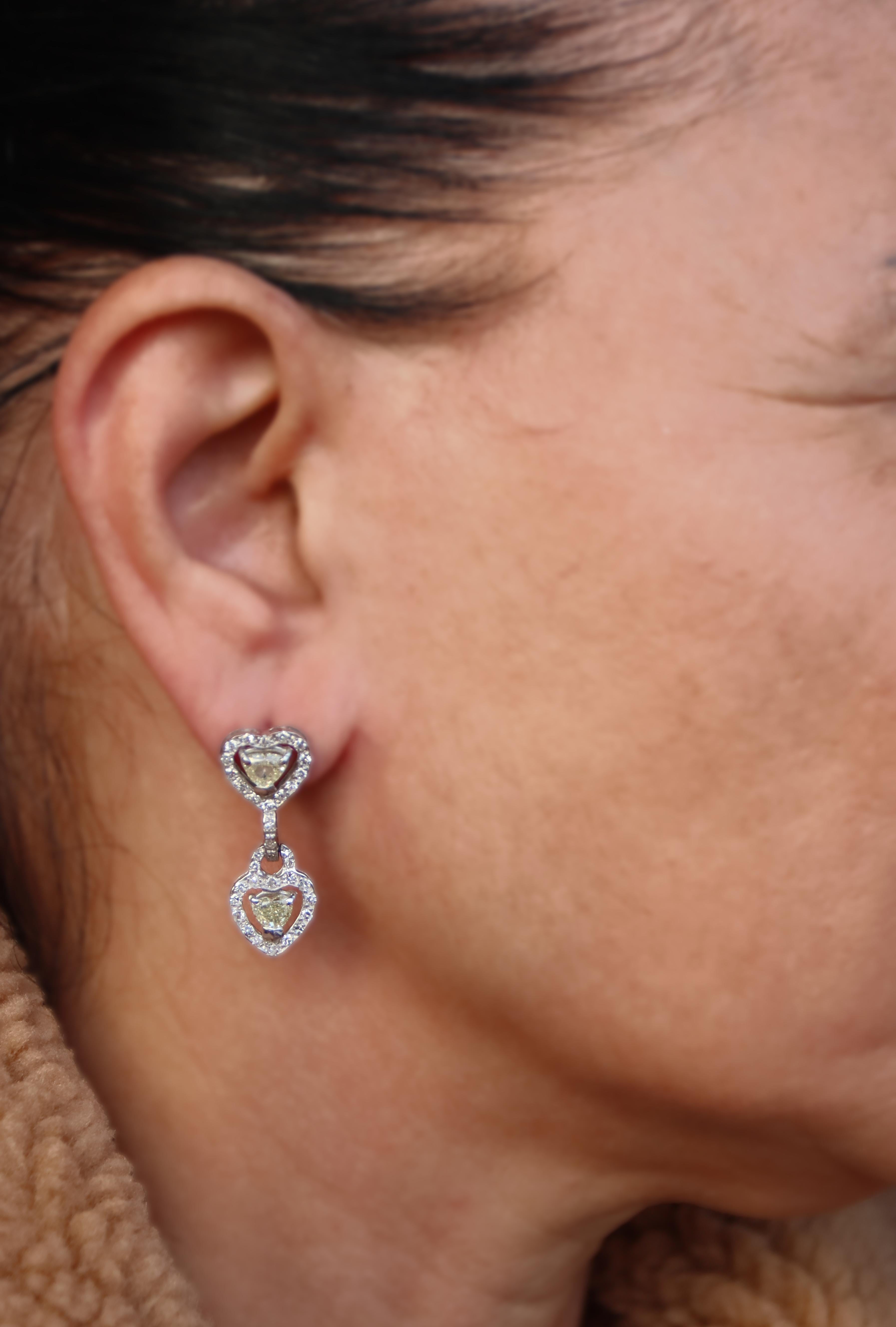 Diamonds Heart 18 Karat White Gold Drop Earrings For Sale 4