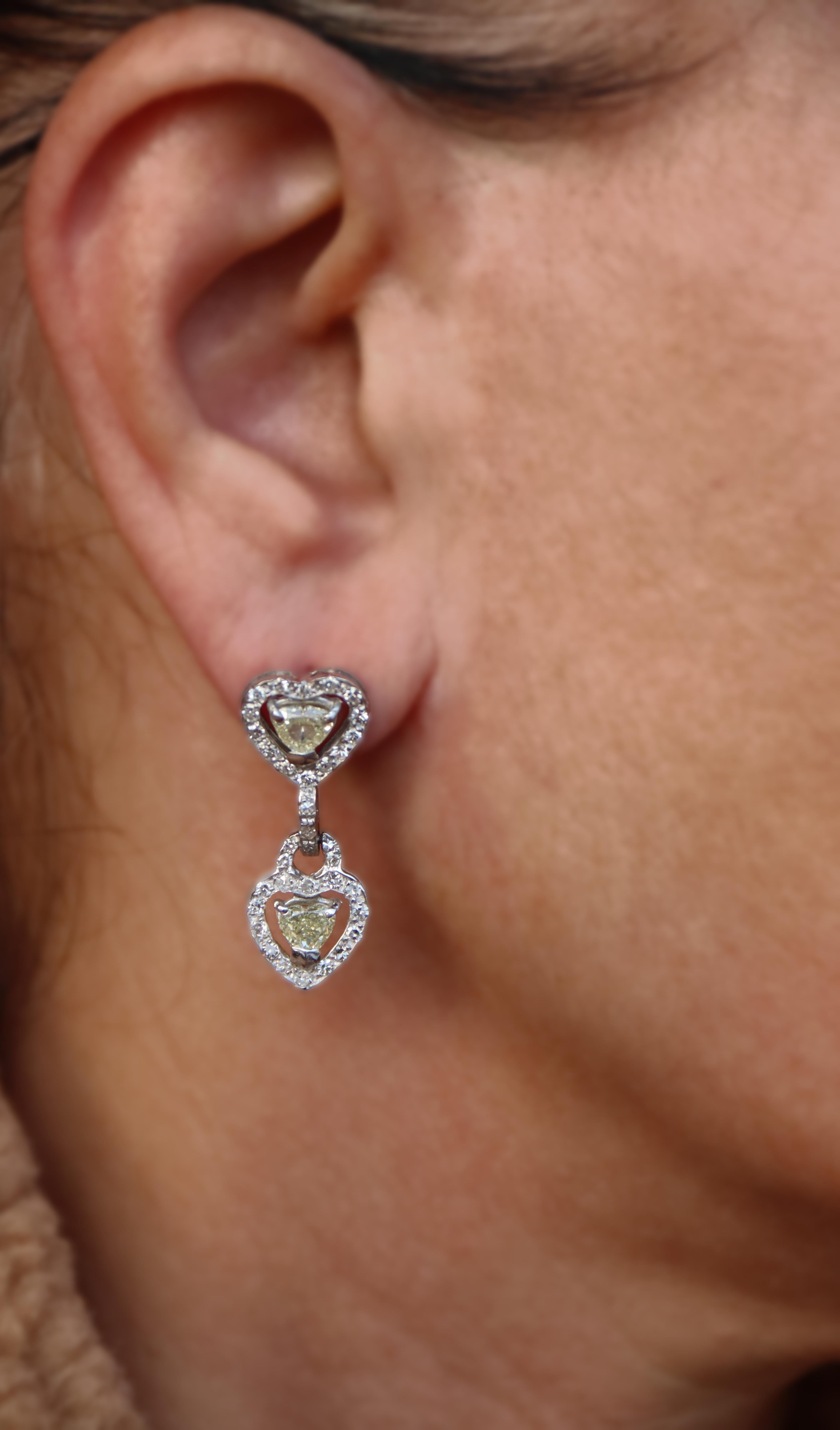 Diamonds Heart 18 Karat White Gold Drop Earrings For Sale 5