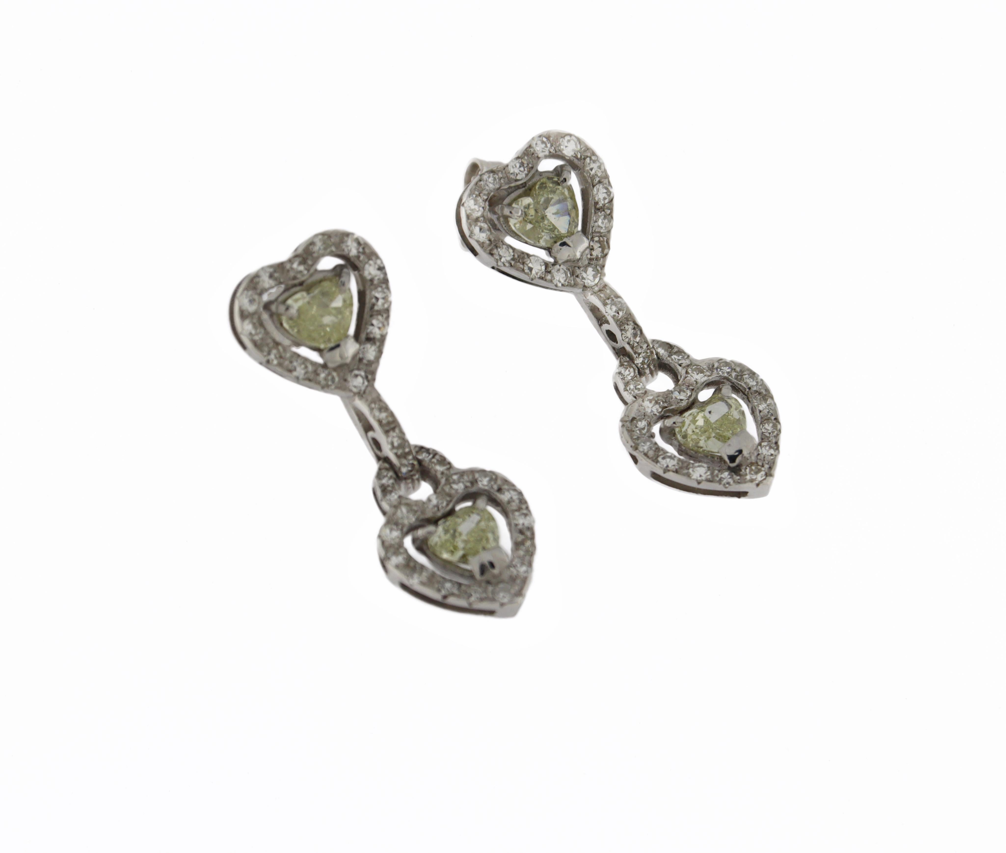 Diamonds Heart 18 Karat White Gold Drop Earrings For Sale 7