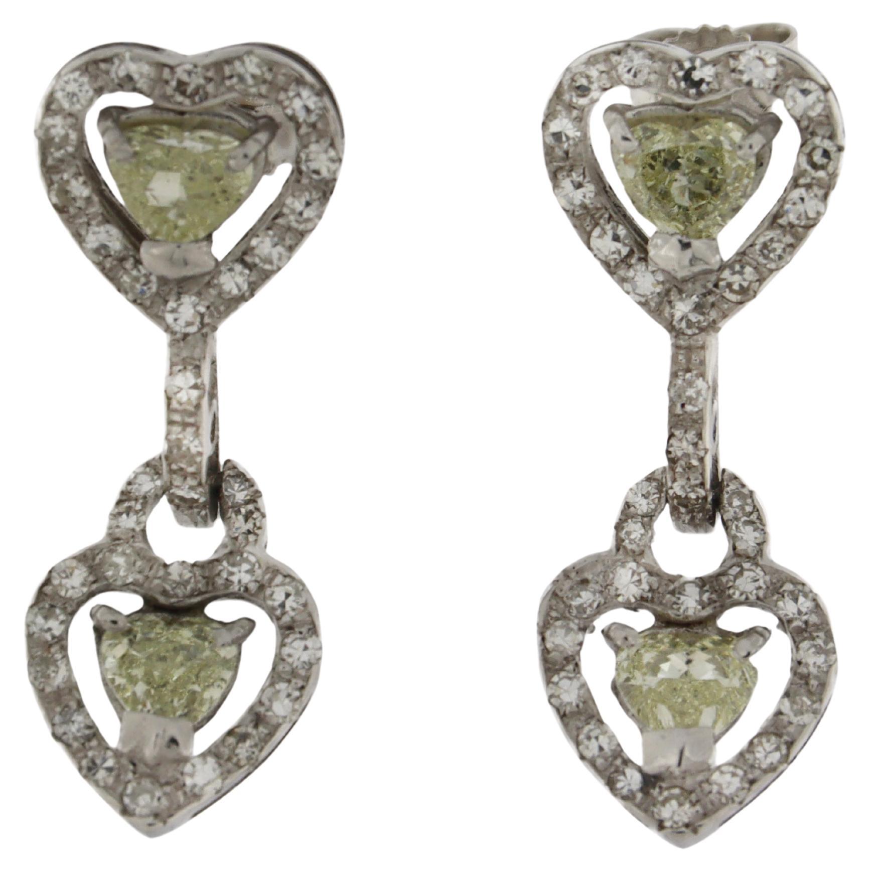 Diamonds Heart 18 Karat White Gold Drop Earrings