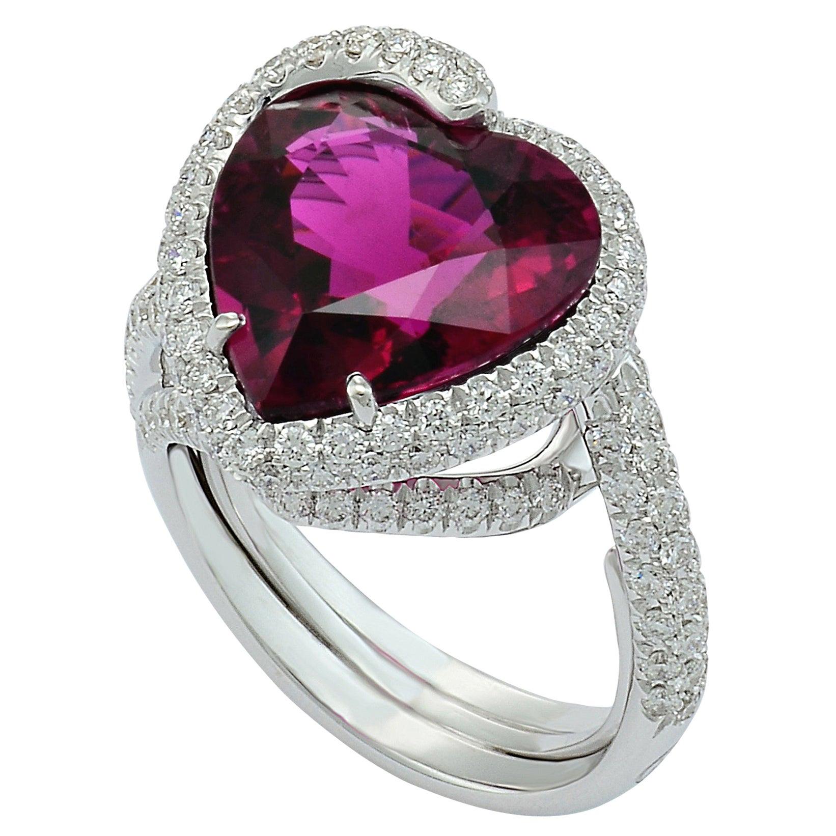 Unique Diamonds Rubellite Tourmaline 18 KT White Gold Heart Ring For Sale