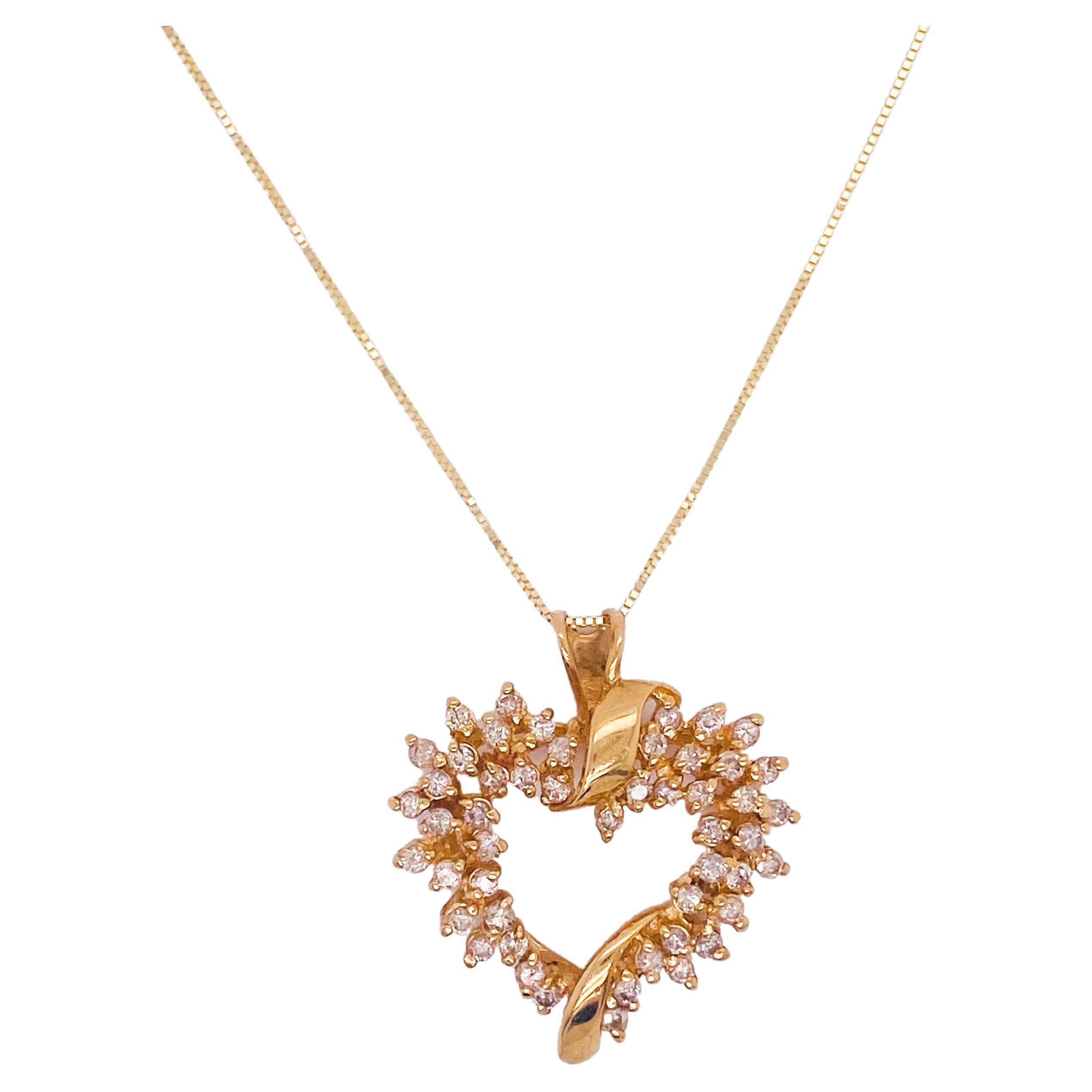 Diamonds Heart Flower Wreath W .75 Carat Diamond Ribbon Pendant Necklace, 14k For Sale