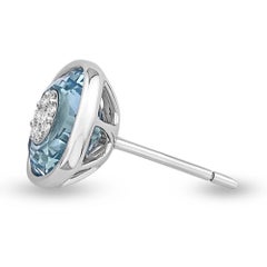 Diamonds Inlaid Into Cushion Shape Blue Topaz Studs