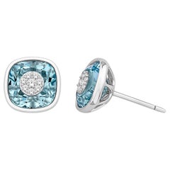 Diamonds Inlaid Into Cushion Shape Blue Topaz Studs