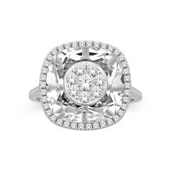 Diamonds Inlaid Into White Quartz Cushion Ring