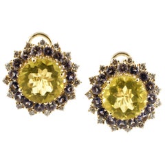 Retro Diamonds, Iolite, Citrine 14 Karat Rose Gold Stud Earrings