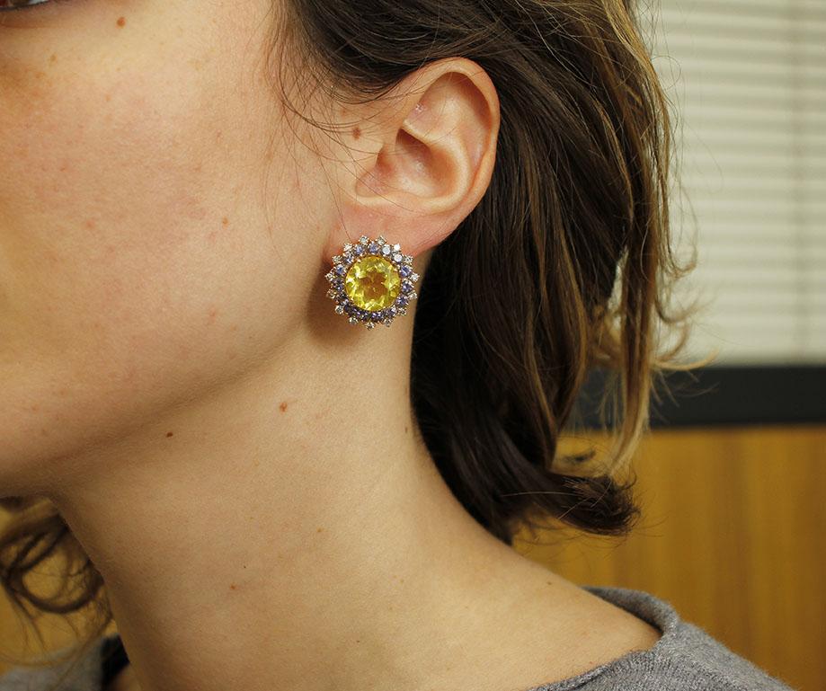 Women's Diamonds, Iolite, Citrine 14 Karat Rose Gold Stud Earrings For Sale