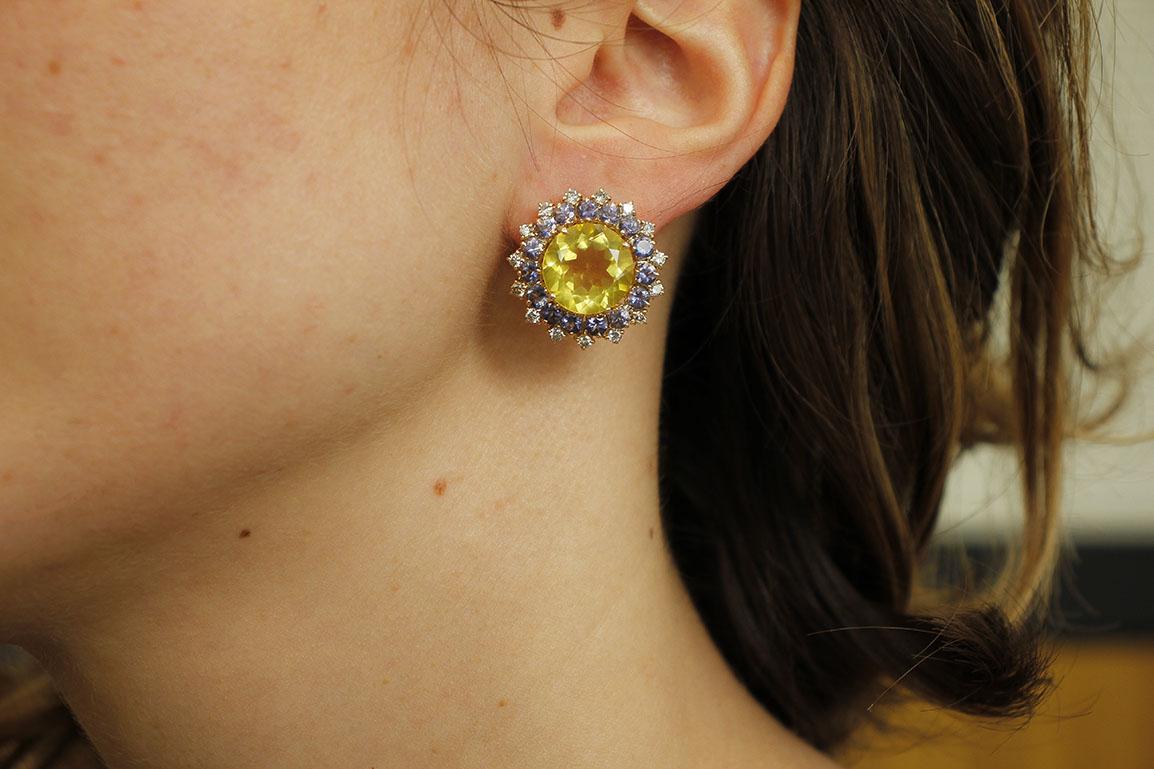 Diamonds, Iolite, Citrine 14 Karat Rose Gold Stud Earrings For Sale 1