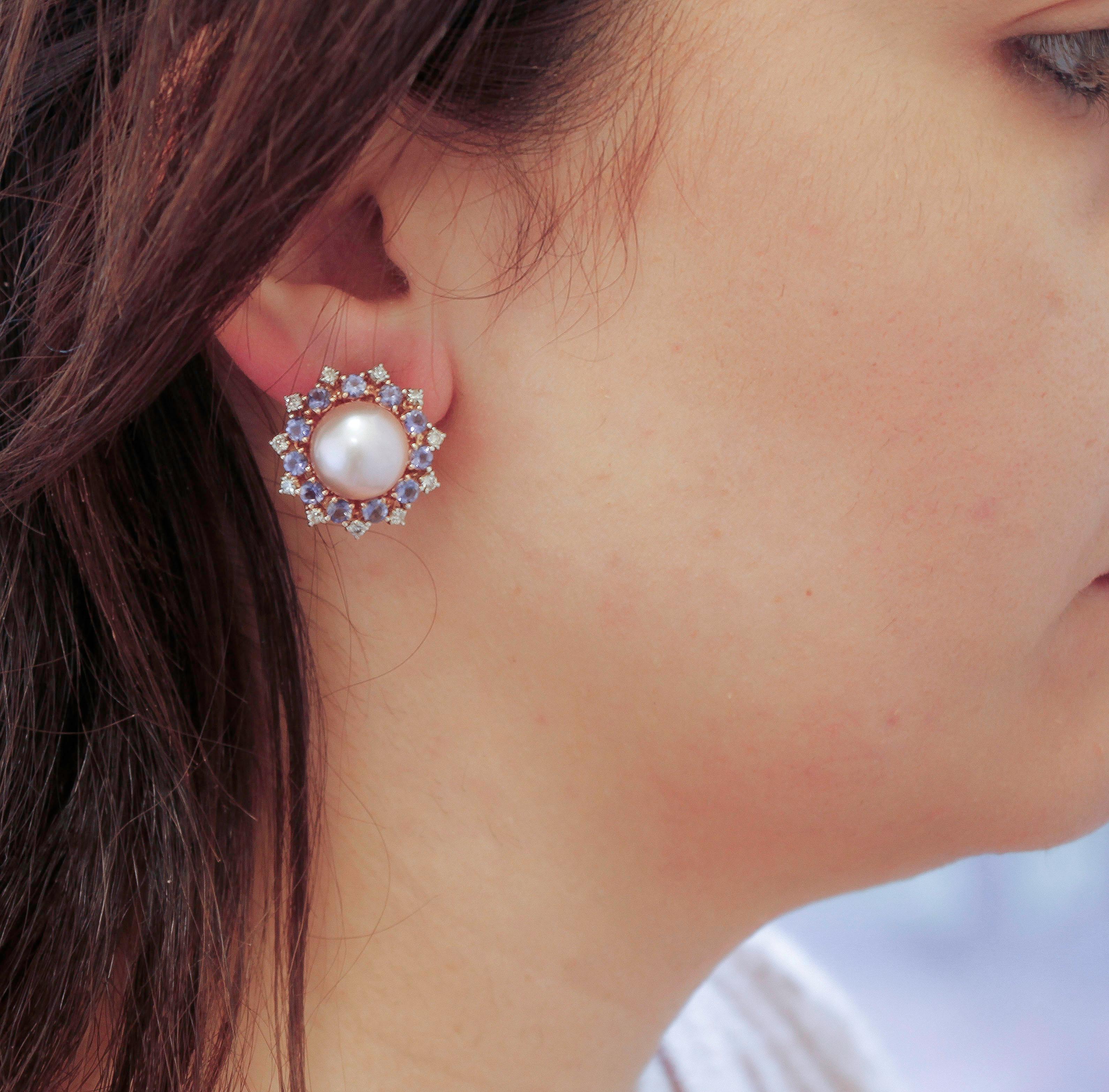 Women's Diamonds, Iolite, Pearls, Silver and 9 Karat Rose Gold Earrings