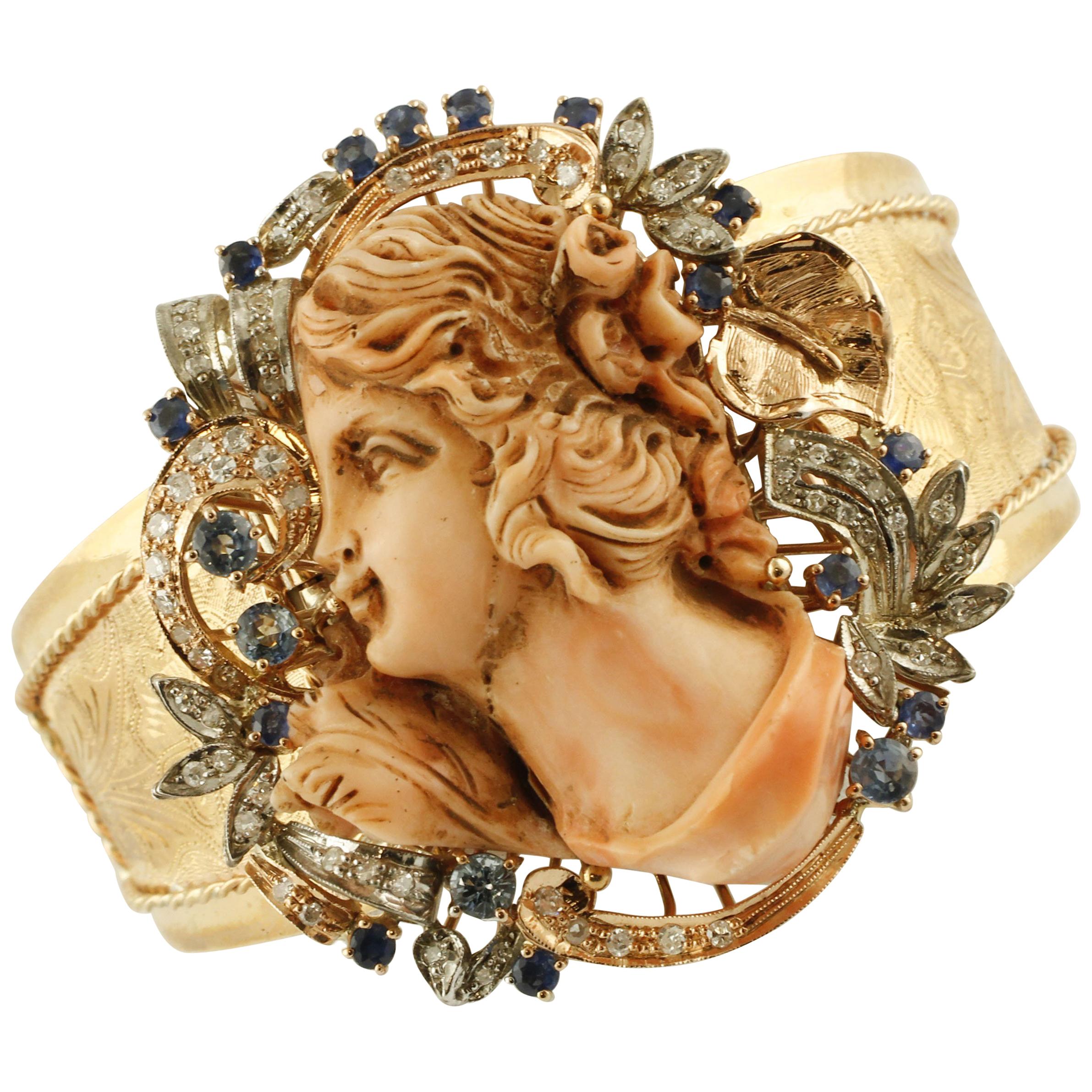 Diamanti, zaffiri, corallo rosa, oro rosa, argento, bracciale Retrò