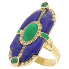 Diamonds Lapis Lazuli Emeralds 14 Karat Yellow Gold Cocktail Ring