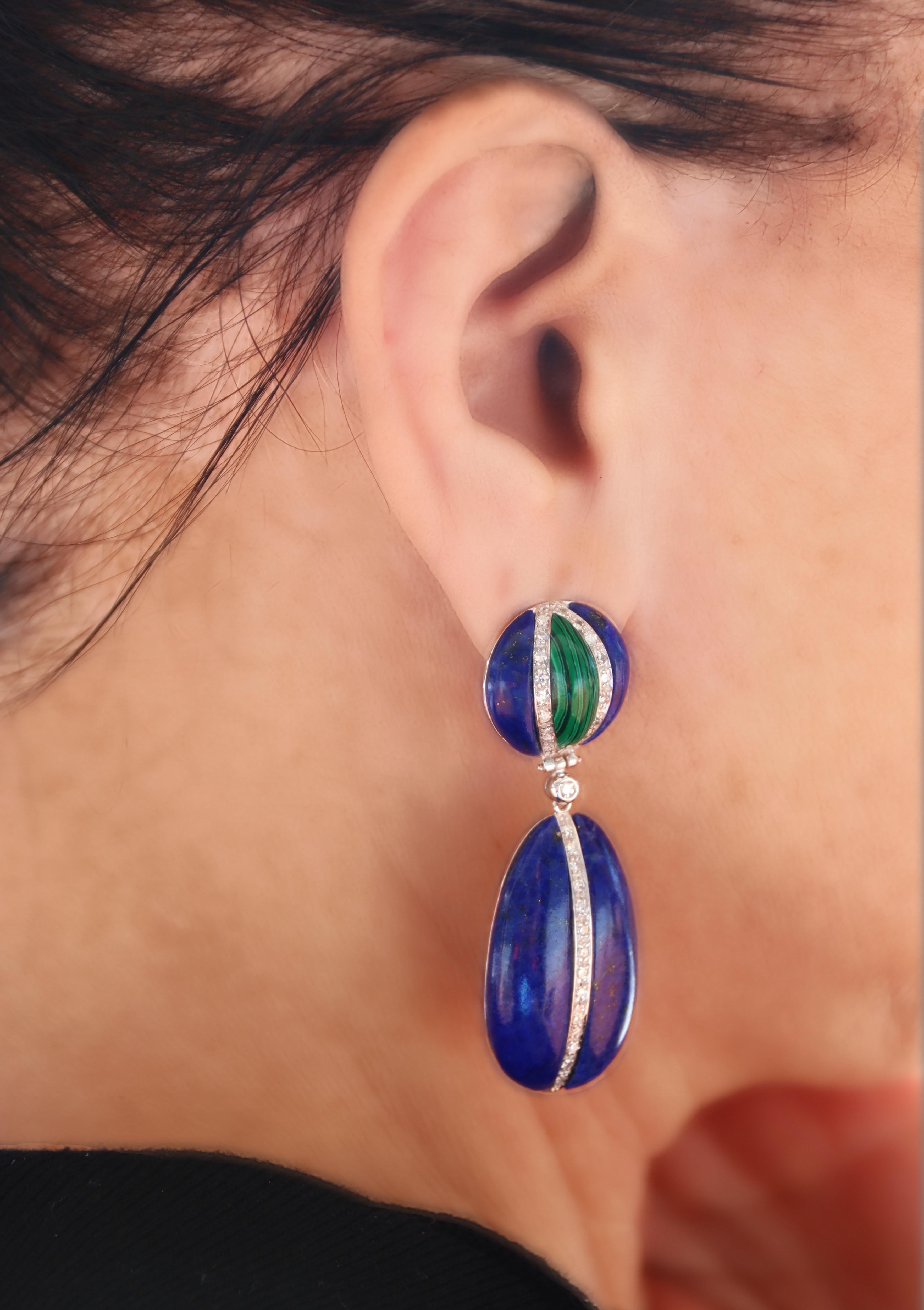 Women's or Men's Diamonds Lapis Lazuli Malachite 18 Carat White Gold Drop Earrings For Sale