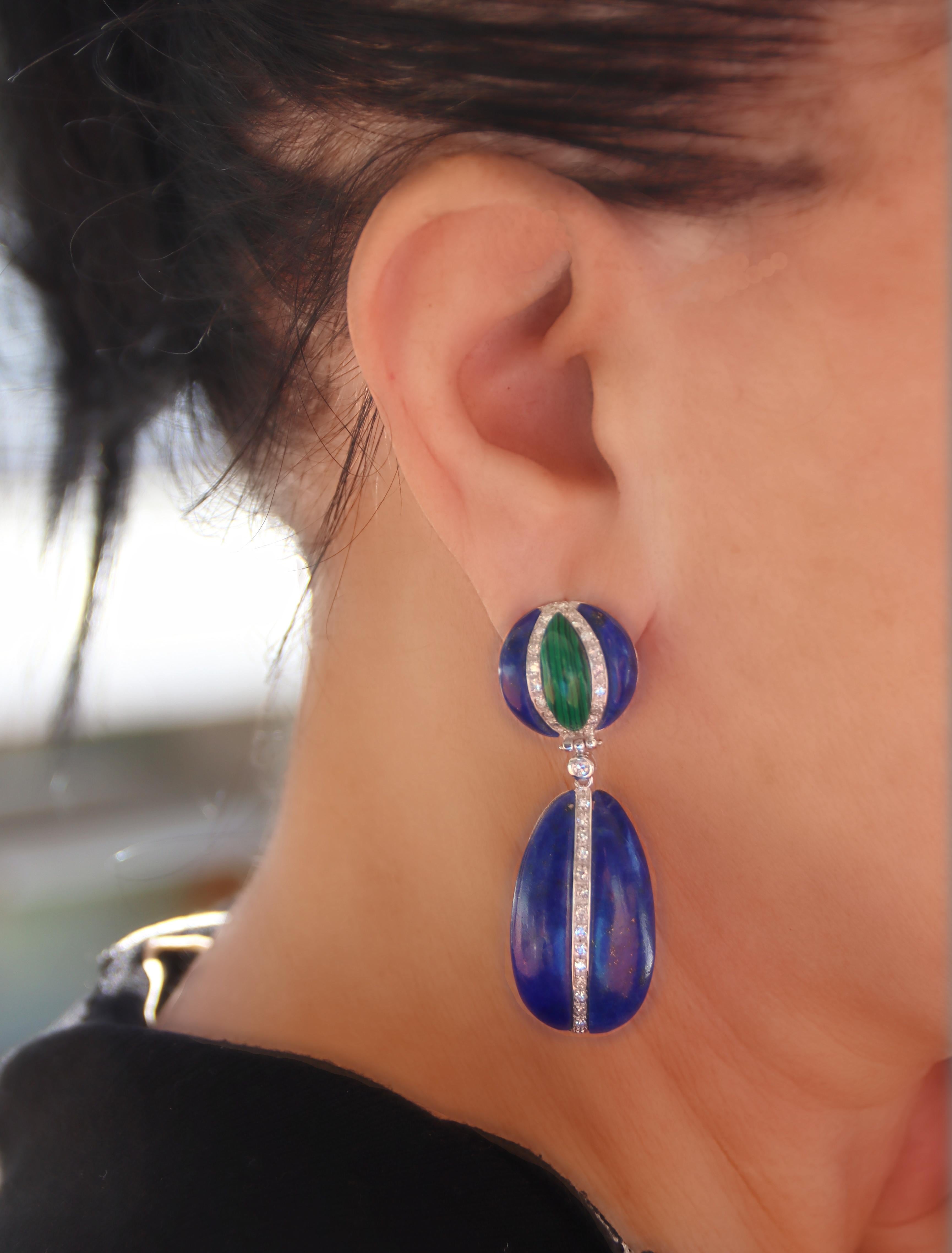 Diamonds Lapis Lazuli Malachite 18 Carat White Gold Drop Earrings For Sale 1