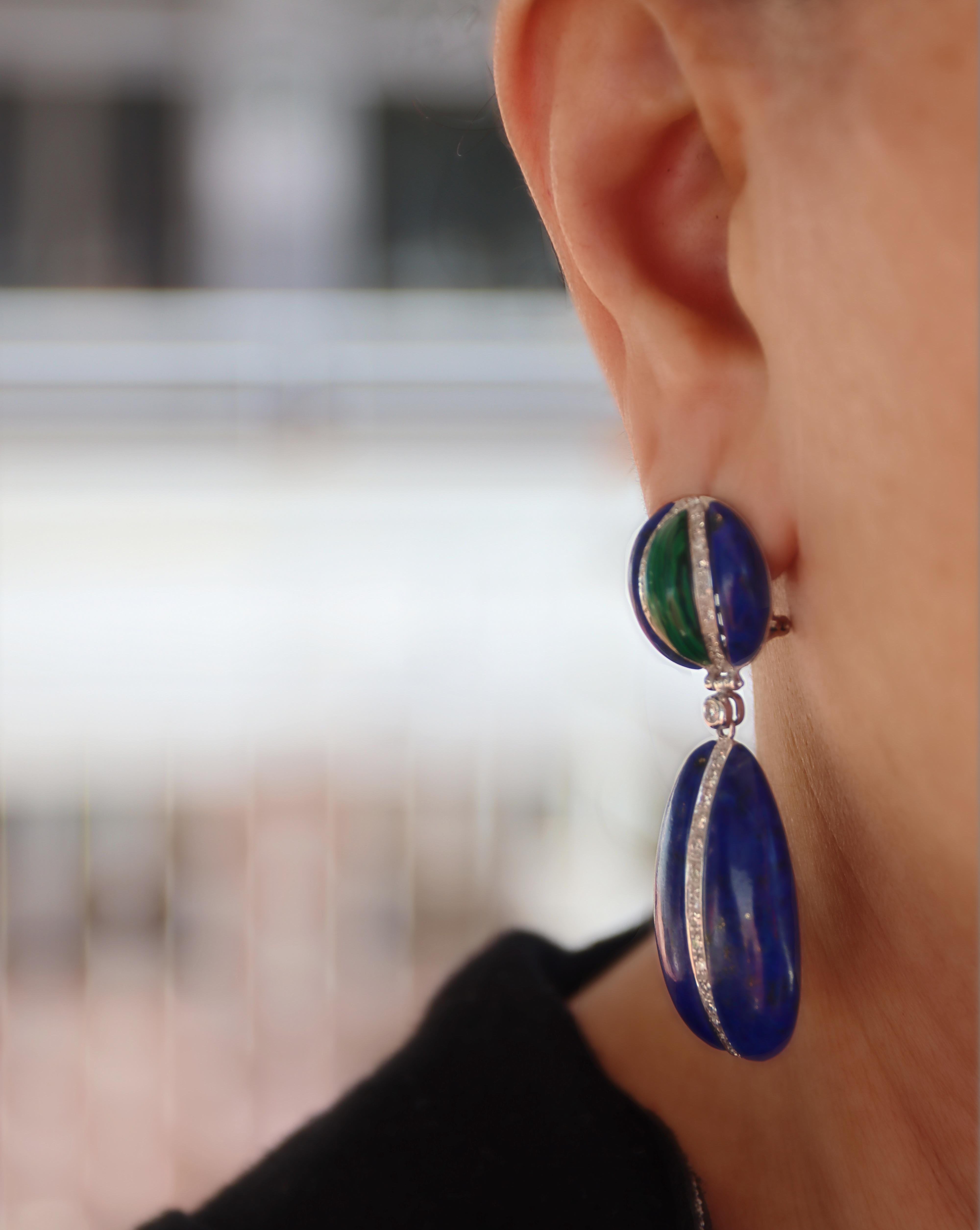 Diamonds Lapis Lazuli Malachite 18 Carat White Gold Drop Earrings For Sale 2